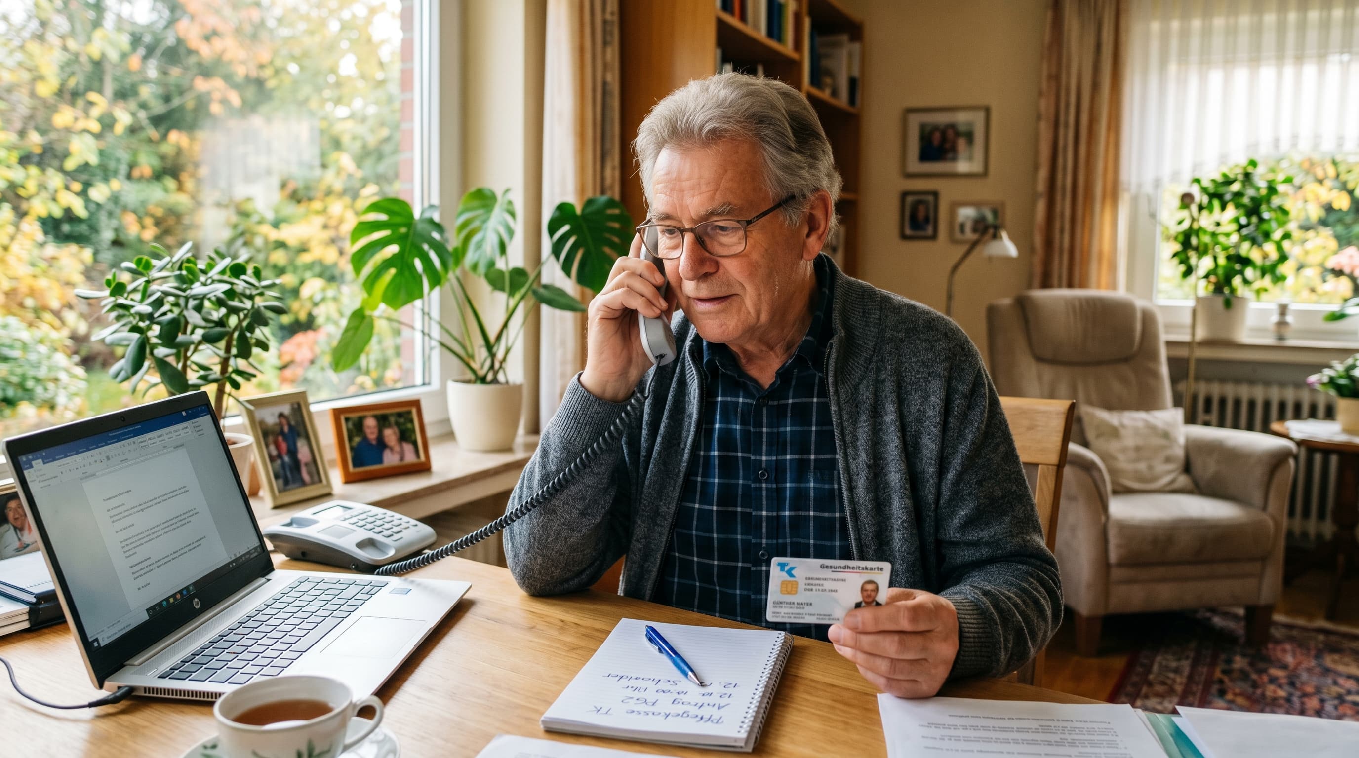 Senior telefoniert mit Pflegekasse für Pflegeberatungs-Termin — hält Versichertenkarte und Notizblock