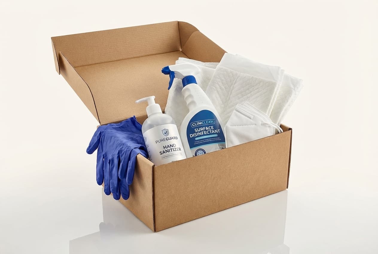 Pflegebox Anbieter Vergleich 2026 — verschiedene Pflegeboxen mit Handschuhen, Desinfektion und Bettschutz nebeneinander