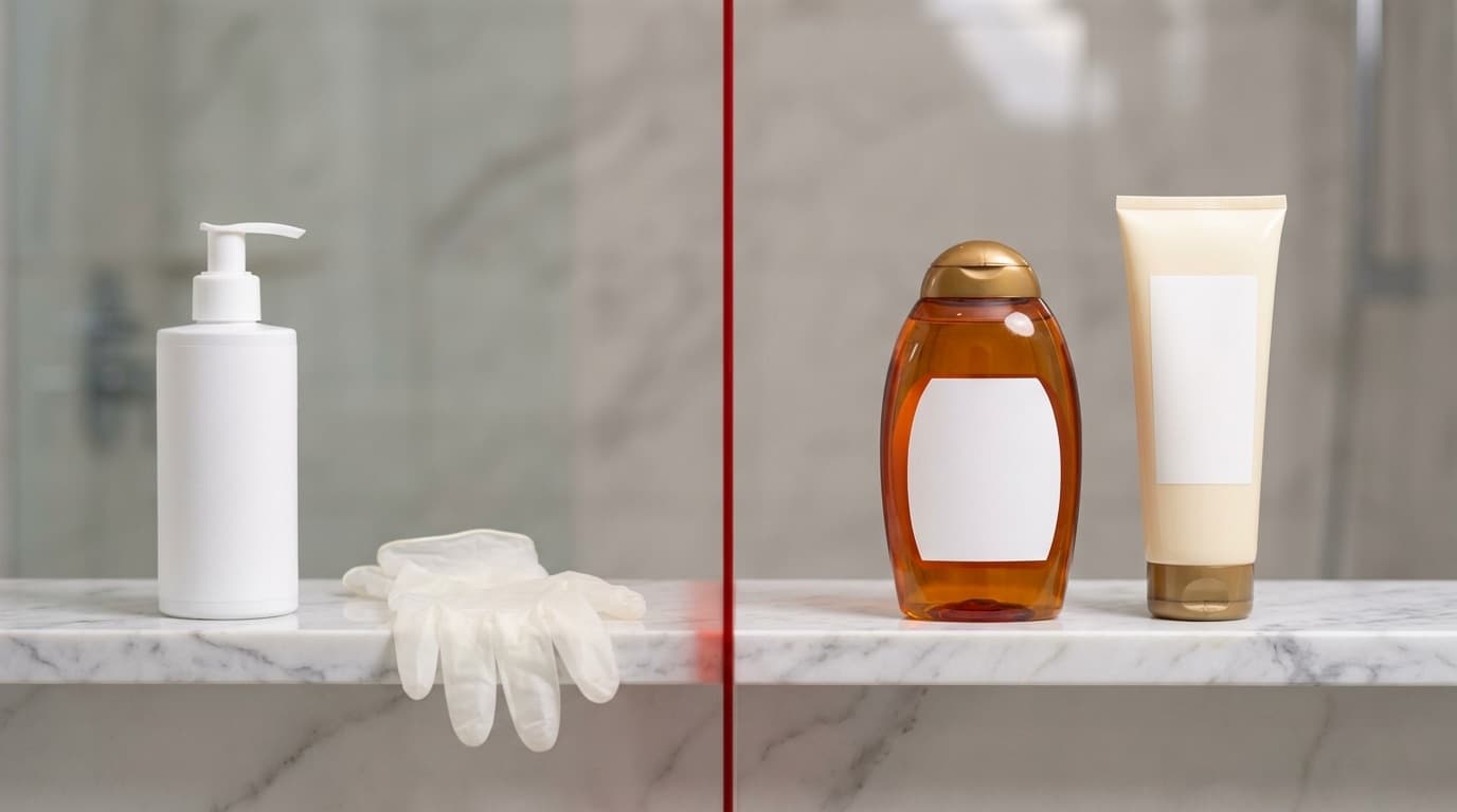 Vergleich: Antimikrobielle Handwaschlotion neben Einmalhandschuhen links, Duschgel und Bodylotion rechts – getrennt durch eine sichtbare Linie