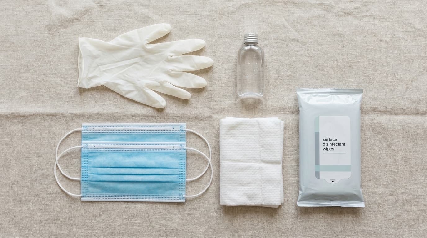 Pflegehilfsmittel zum Verbrauch: Handschuhe, Desinfektionsmittel, Masken und Bettschutzeinlagen auf einem Leinentuch