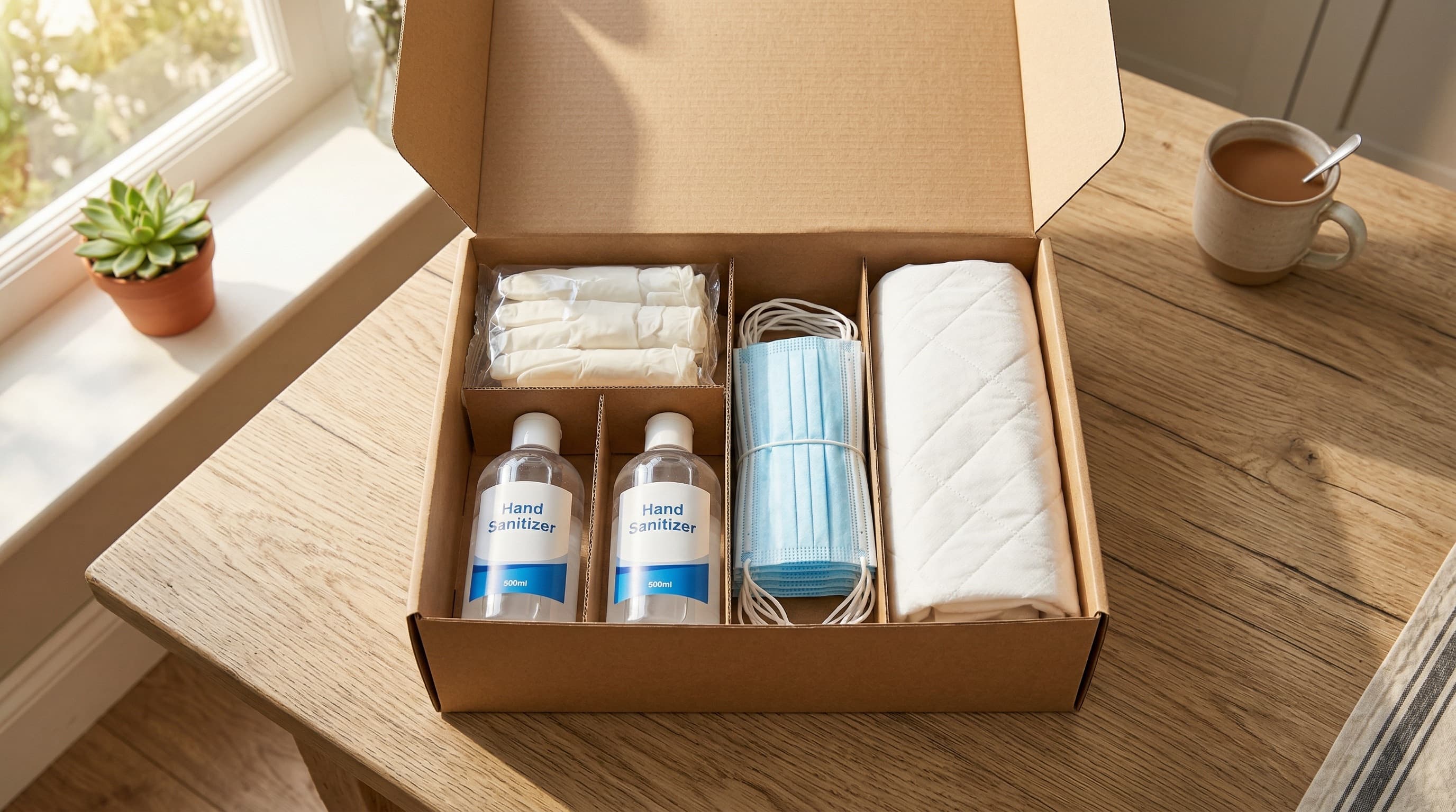 Geöffnete Pflegebox mit Desinfektionsmittel, Einmalhandschuhen, Mundschutzmasken und Bettschutzeinlagen auf einem Holztisch