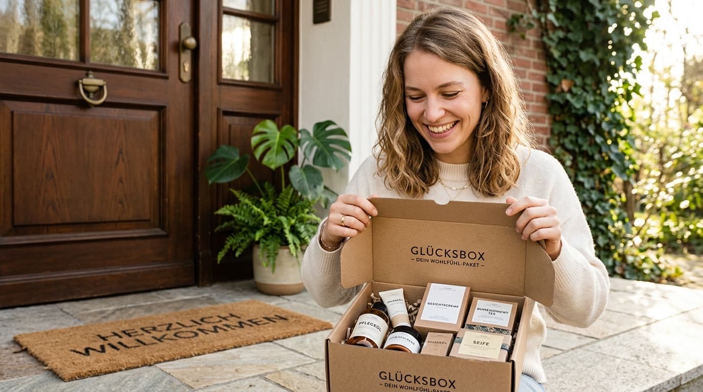 Frau packt neue Pflegebox an der Haustür aus — Pflegebox-Anbieter wechseln leicht gemacht