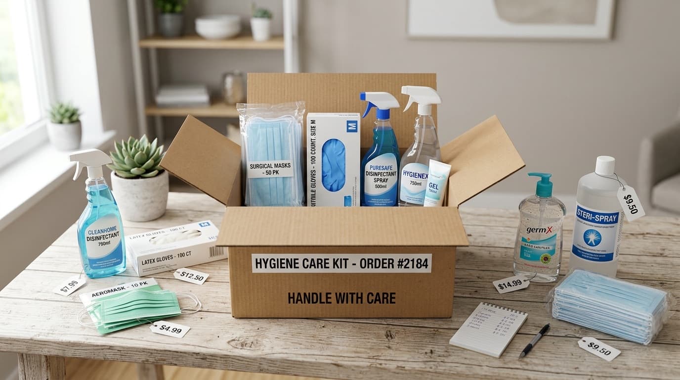 Offene Pflegebox mit Pflegehilfsmitteln auf dem Tisch — Pflegebox-Anbieter vergleichen