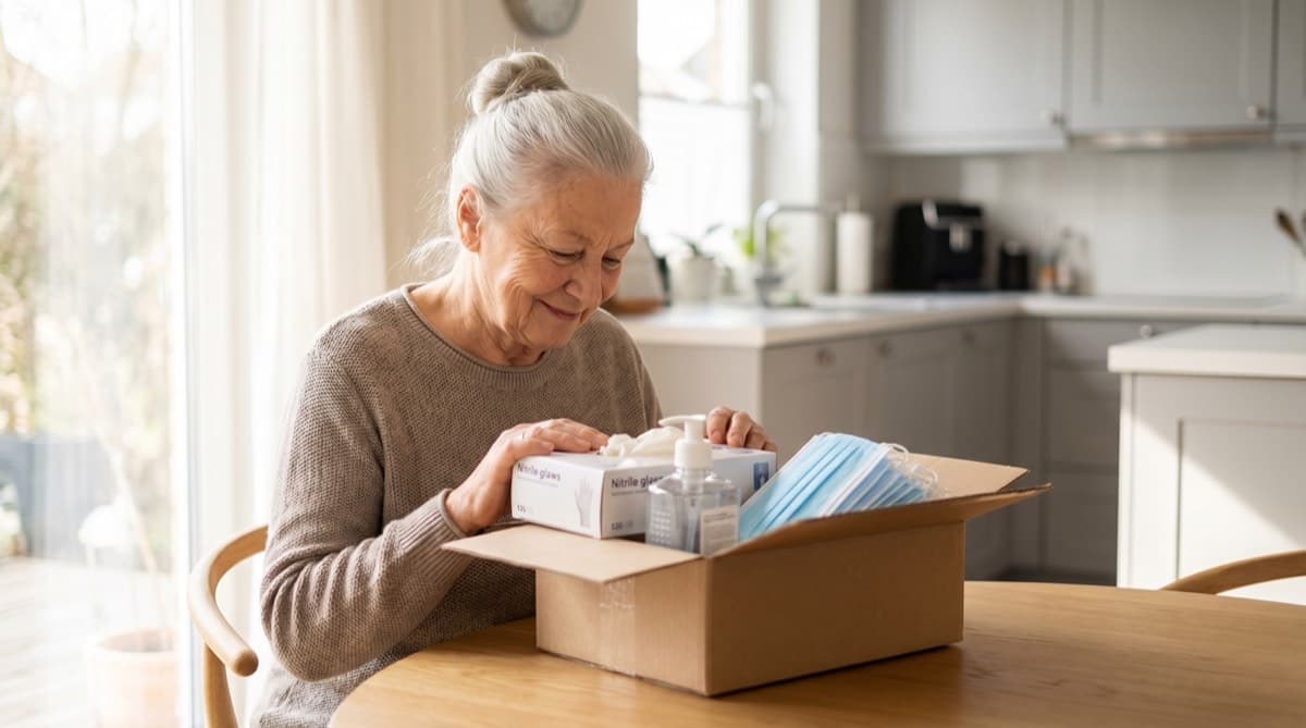 Pflegebox kündigen oder wechseln — Frau packt zufrieden eine neue Pflegebox mit Pflegehilfsmitteln aus