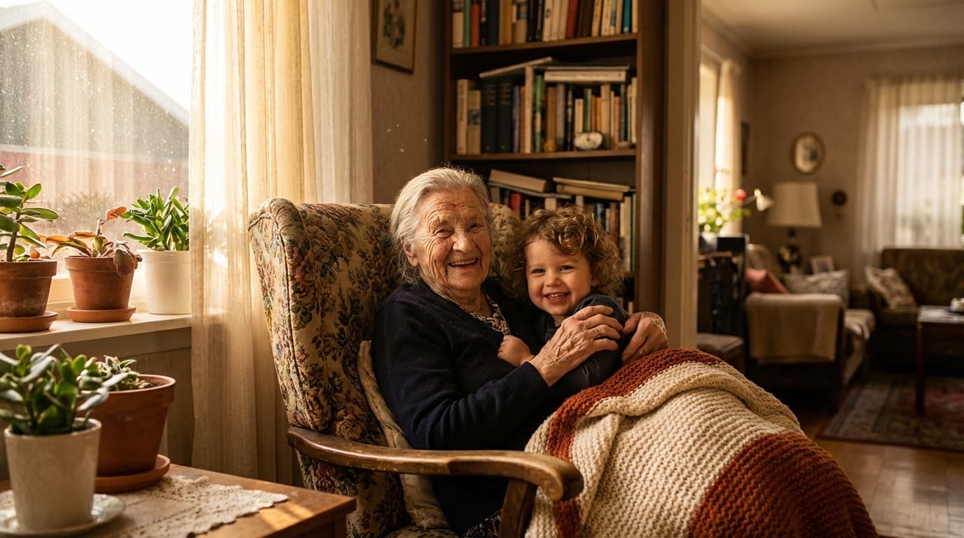 Ältere Frau sitzt mit Enkel im Wohnzimmer – häusliche Pflege in vertrauter Umgebung