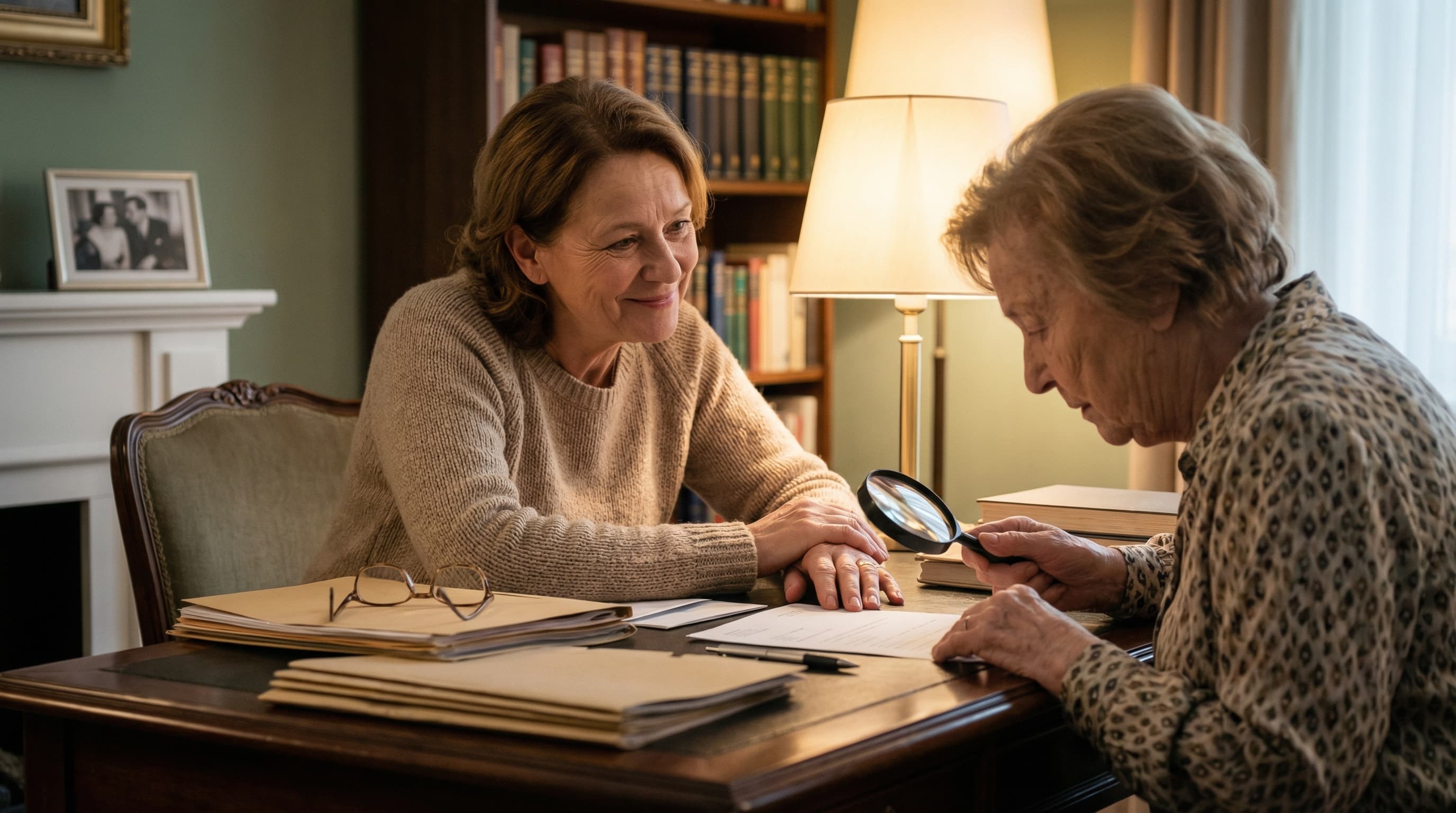 Tochter hilft ihrer Mutter mit Unterlagen am Schreibtisch – Rechte pflegender Angehöriger