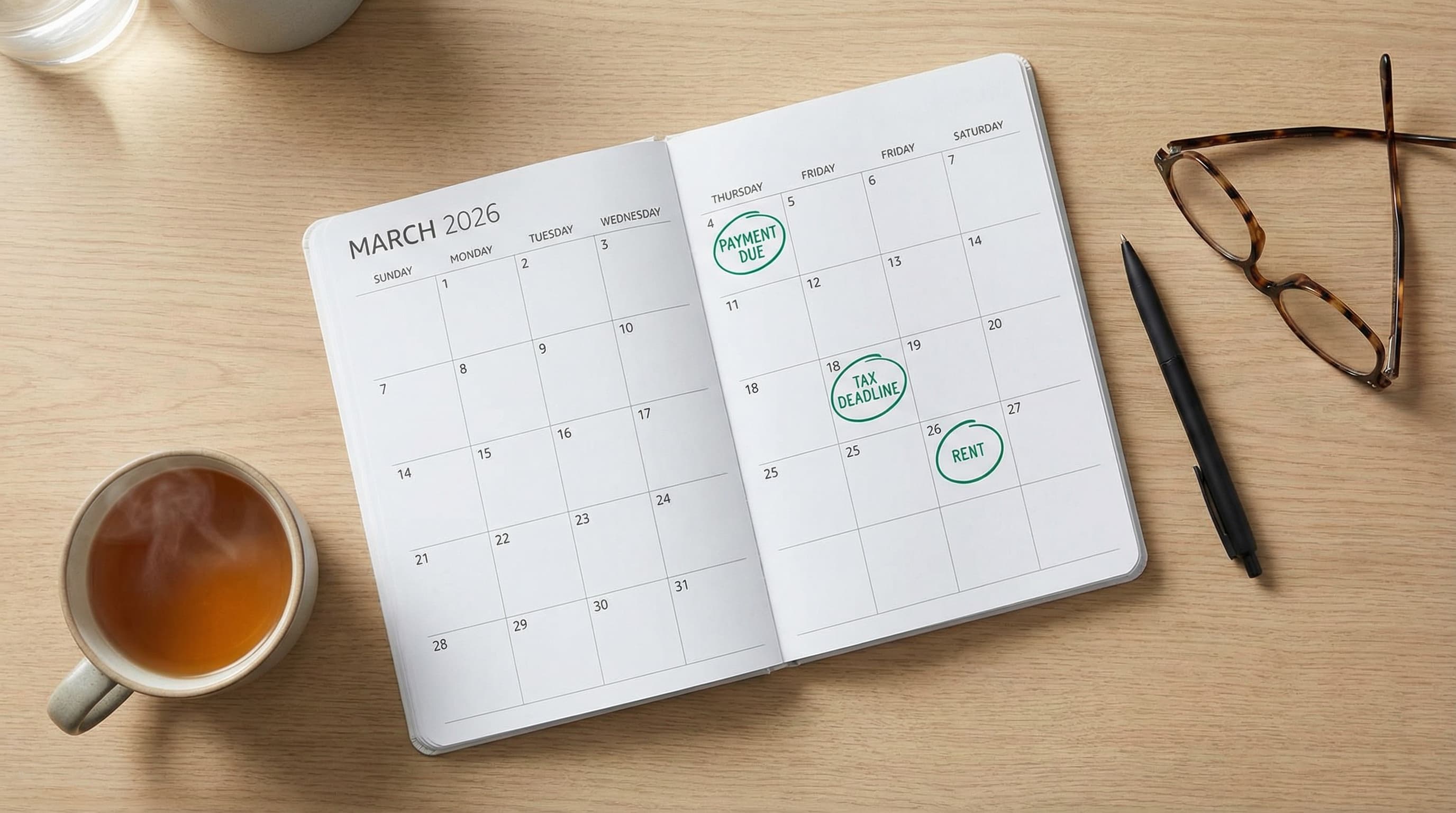 Kalender auf Schreibtisch mit markierten Auszahlungsterminen, Stift und Lesebrille daneben