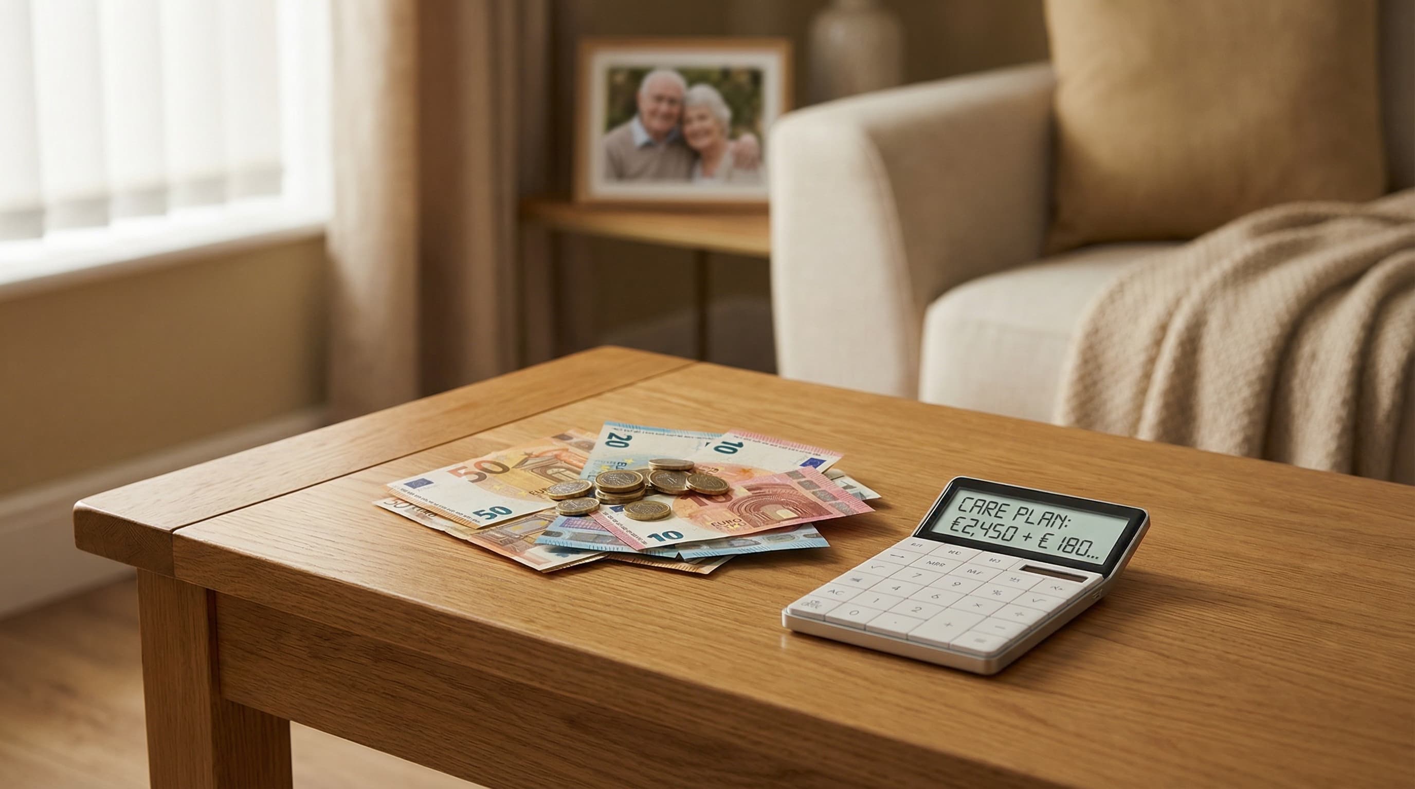 Euro-Münzen und Taschenrechner auf Holztisch – Pflegegeld-Berechnung in häuslicher Umgebung
