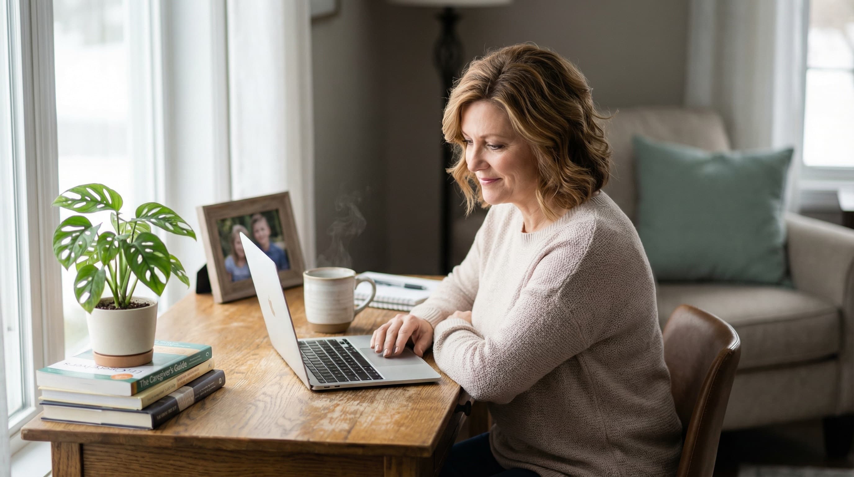 Frau arbeitet am Laptop im Homeoffice – Minijob neben der Pflege