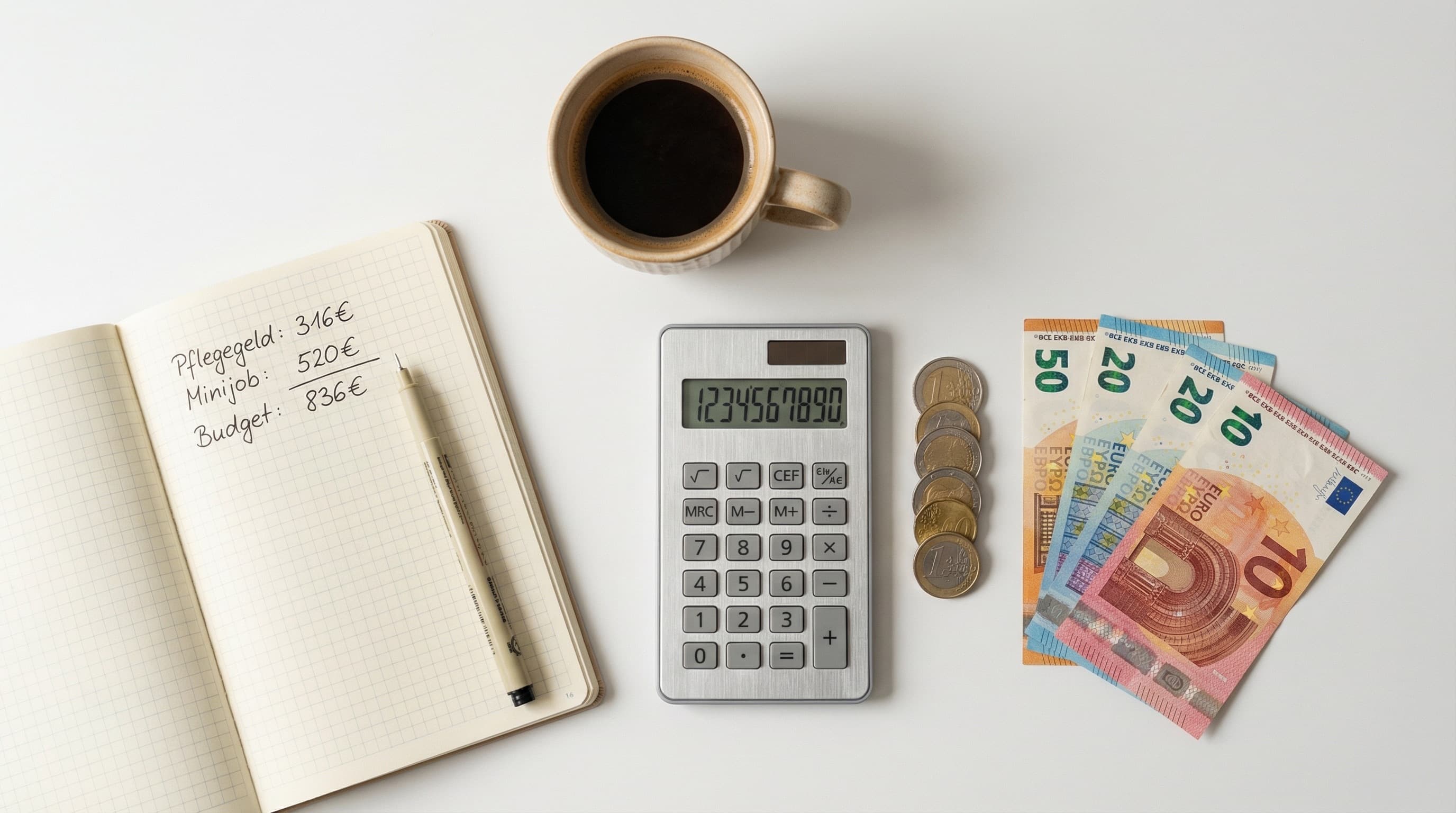 Taschenrechner und Euromünzen auf einem Schreibtisch – Minijob-Grenze berechnen