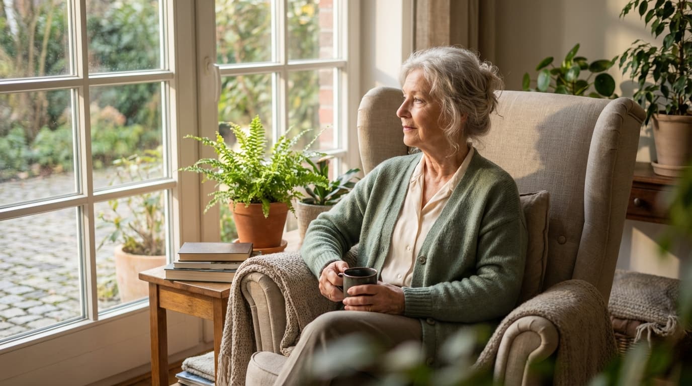 Nachdenkliche Frau am Fenster – Pflegegeld Nachteile ehrlich abwägen