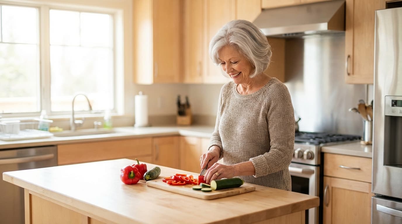 Ältere Frau kocht selbständig in einer hellen Küche — symbolisch für die geringe Beeinträchtigung bei Pflegegrad 1