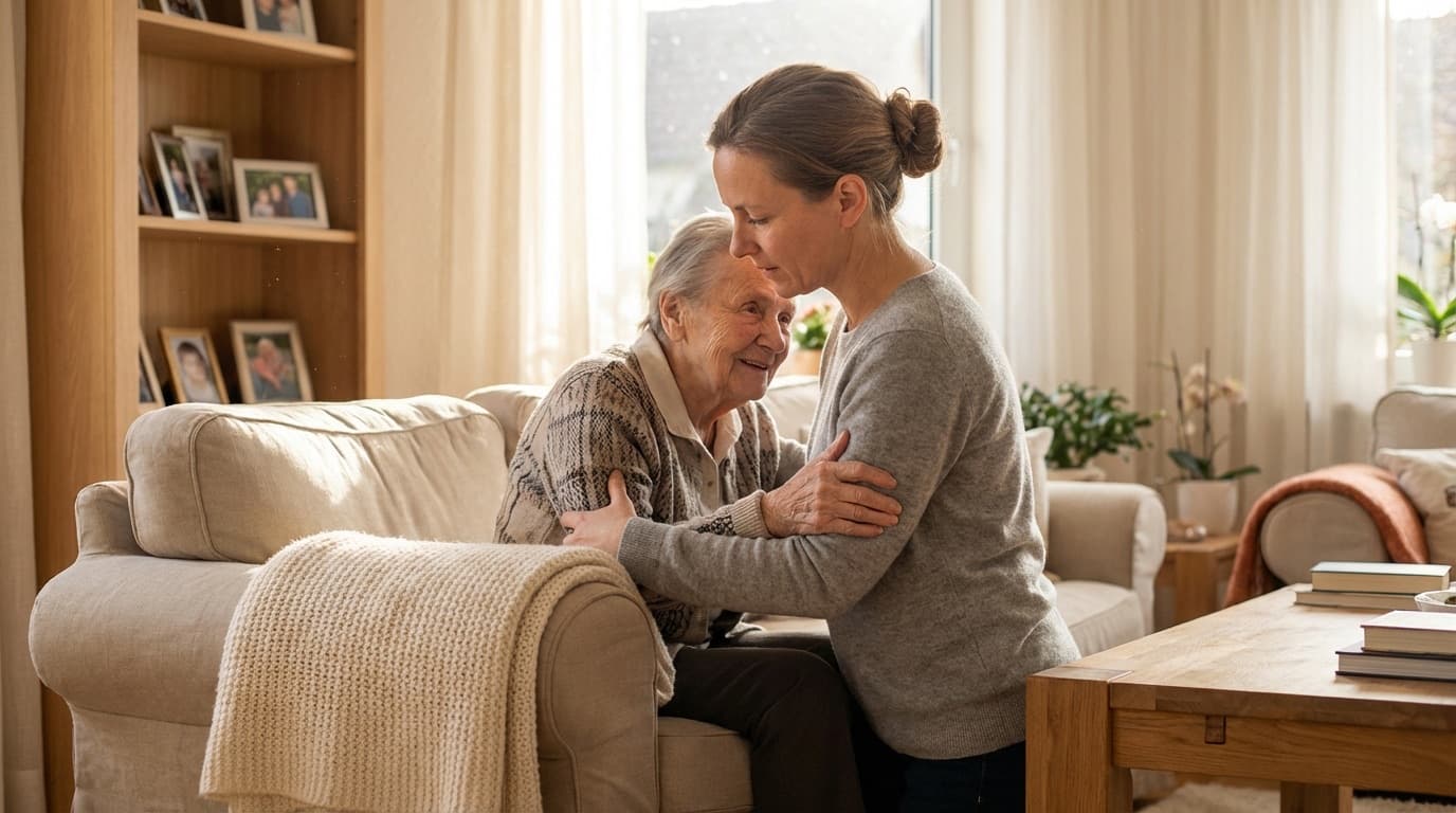 Pflegende Tochter hilft ihrer Mutter beim Aufstehen vom Sofa in einem warmen, natürlich beleuchteten Wohnzimmer