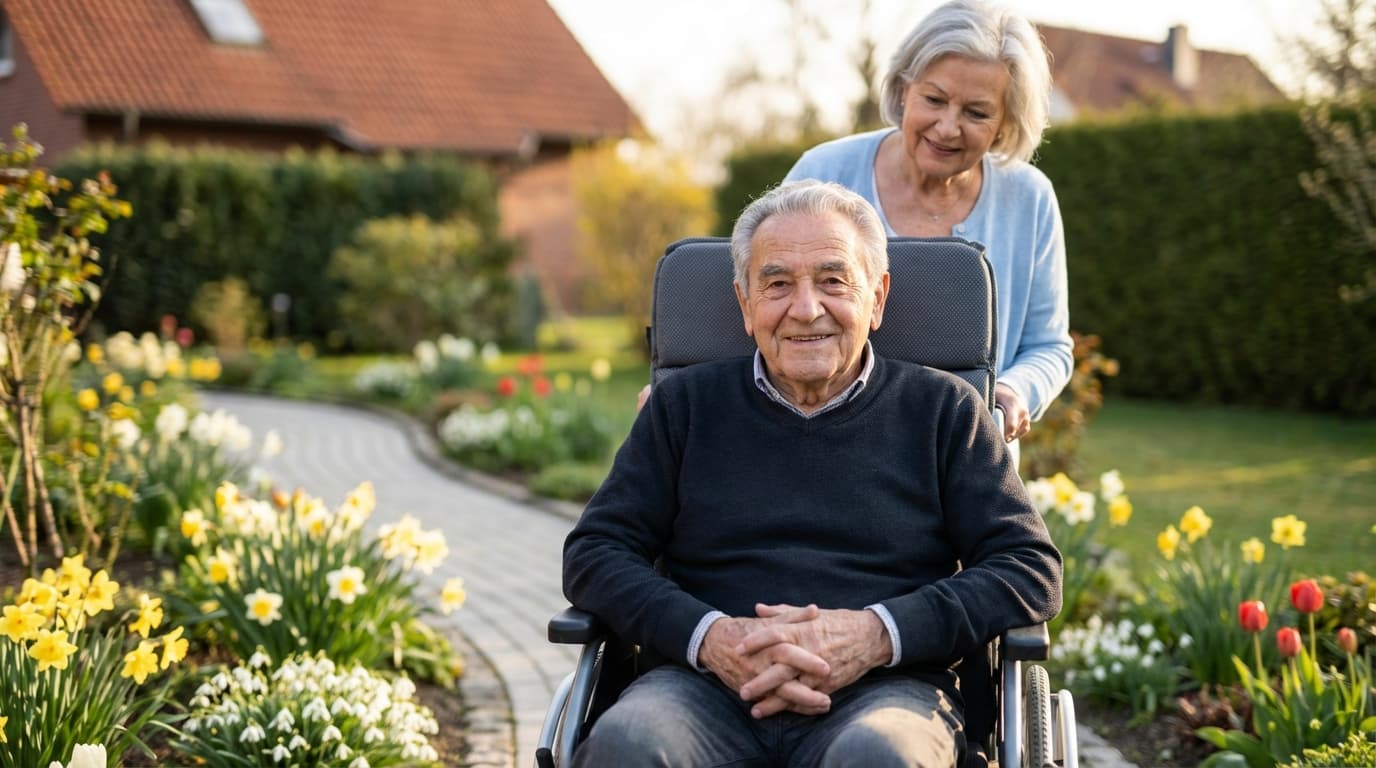 Älterer Mann im Rollstuhl wird von seiner Frau durch einen sonnigen Garten geschoben, beide lächeln leicht