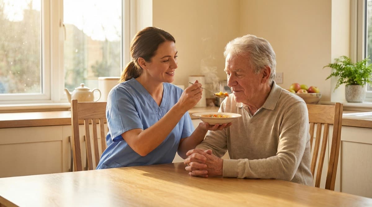 Pflegerin hilft einem älteren Mann beim Essen in einer warmen, hellen Küche