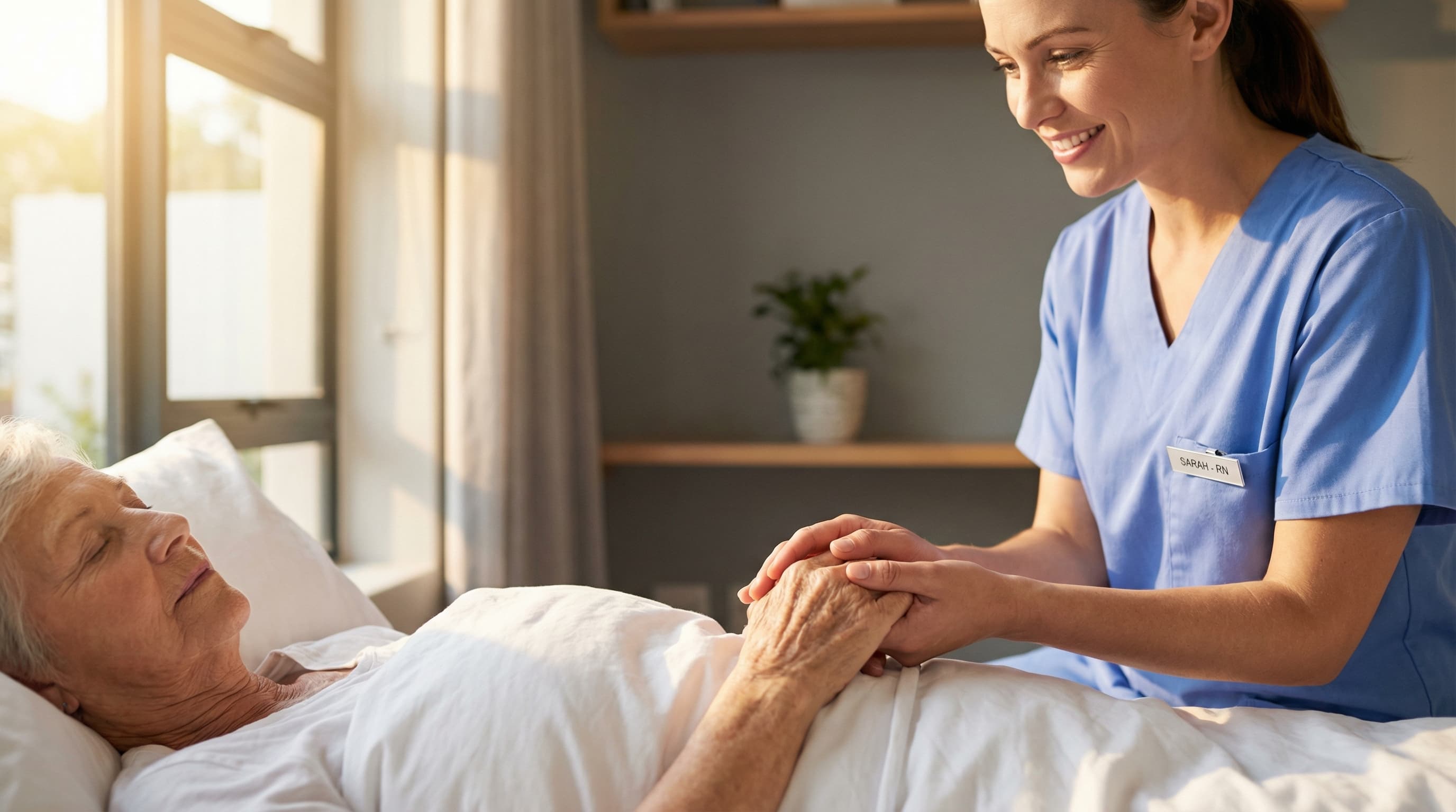 Pflegekraft hält die Hand eines älteren Menschen in warmem Licht