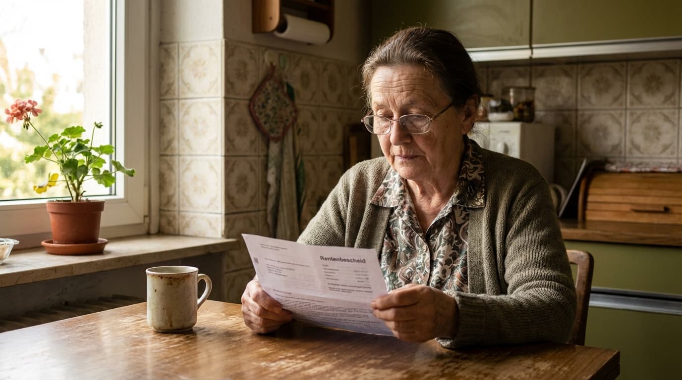Ältere Frau schaut auf Rentenbescheid am Küchentisch – Pflegegeld und Rente