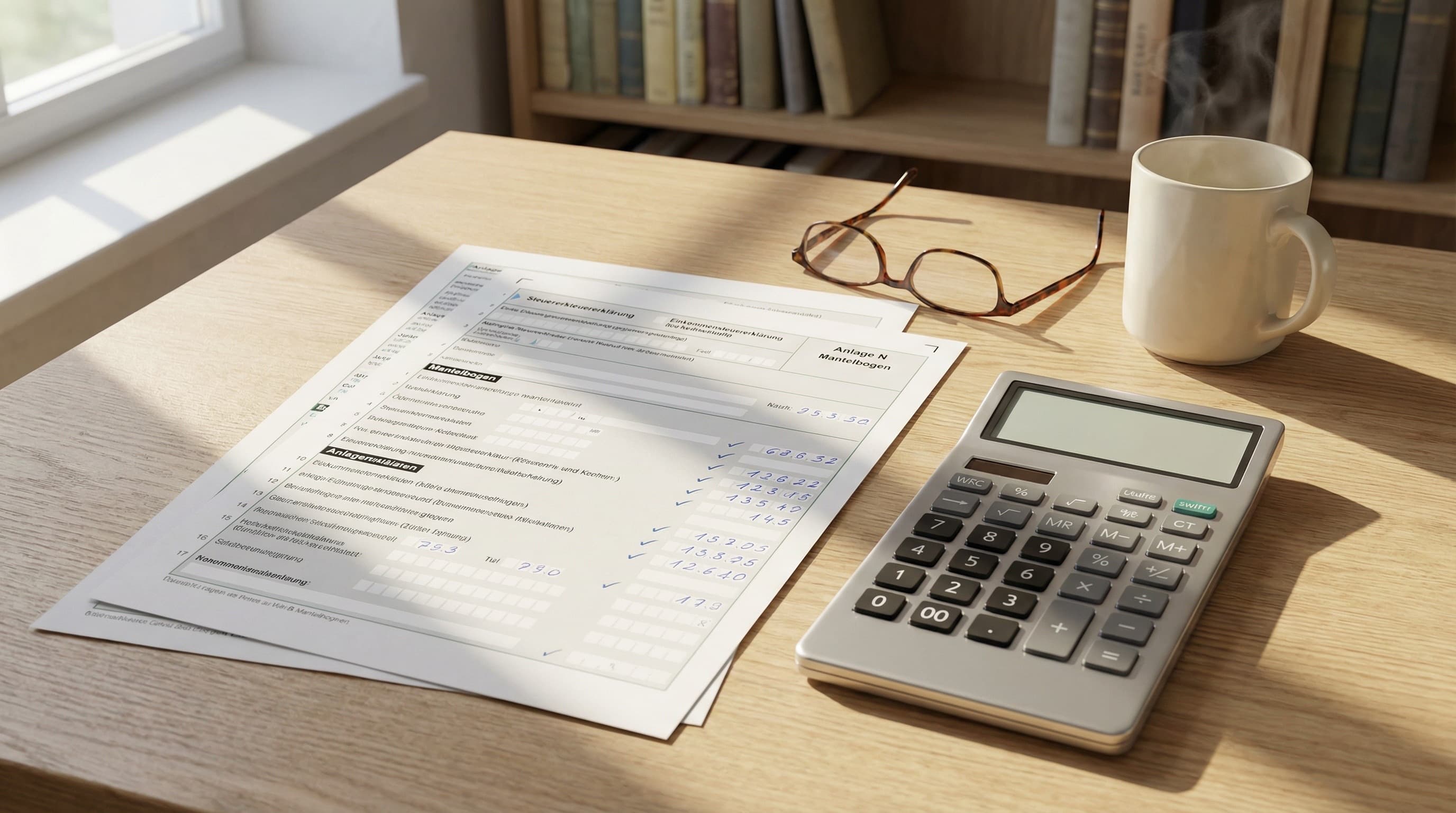 Steuererklärung auf Schreibtisch mit Taschenrechner und Lesebrille – Pflegegeld und Steuer