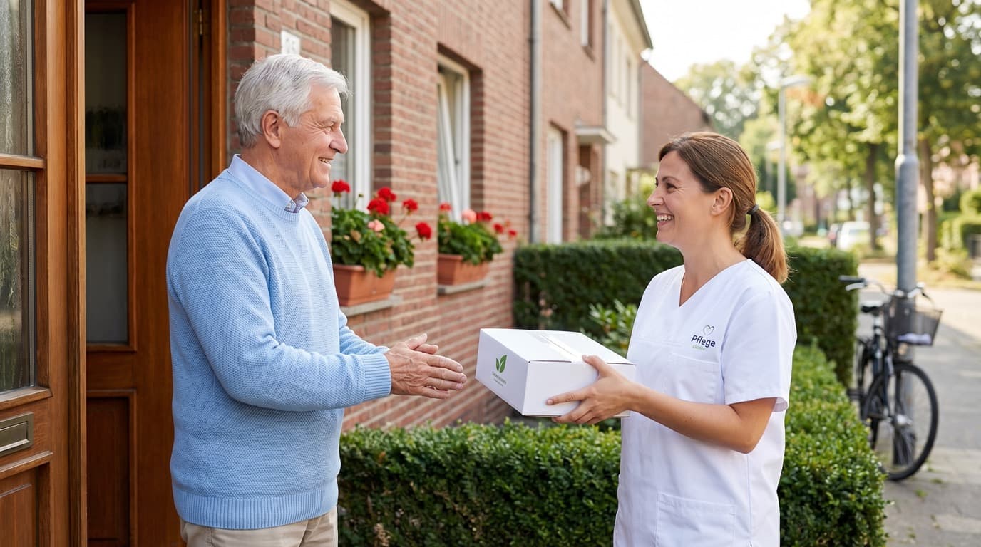 Pflegegrad 1 Leistungen — Senior erhält Pflegehilfsmittel-Paket an der Haustür, freundliche Lieferung