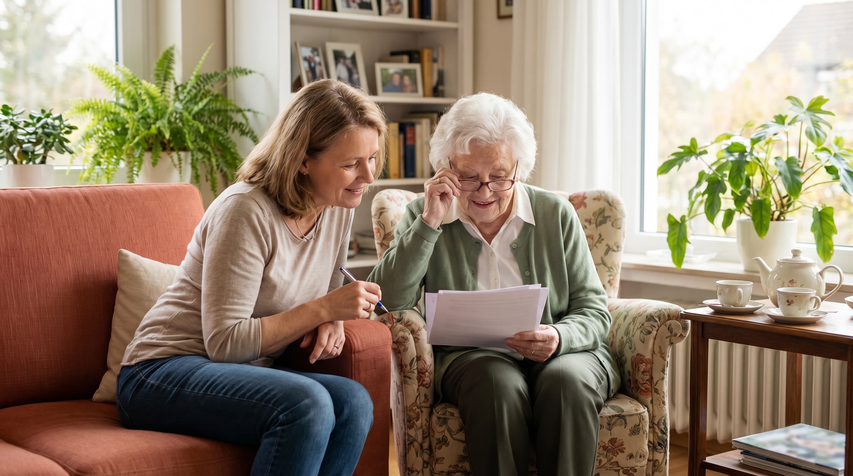Pflegegrad 2 Voraussetzungen — Seniorin und Tochter besprechen Pflegeunterlagen im Wohnzimmer