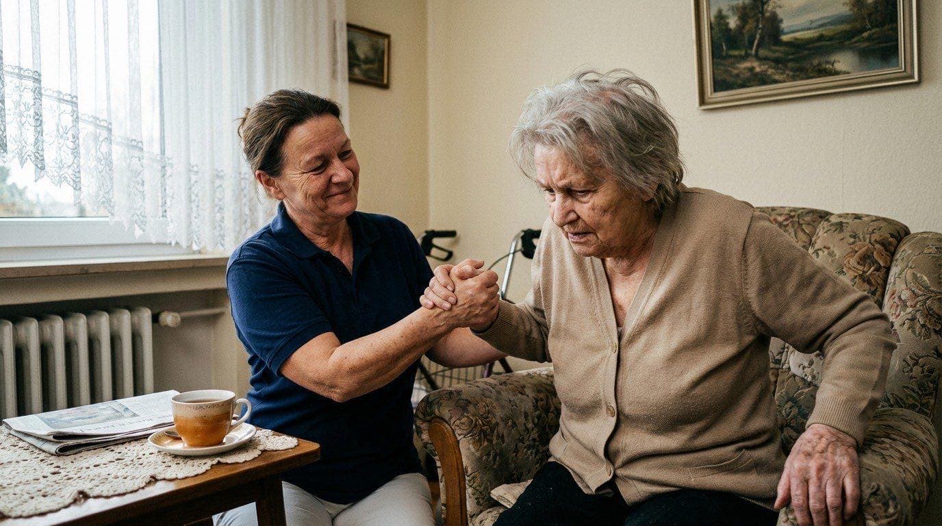 Pflegerin hilft älterer Frau beim Aufstehen — Pflegegrad 3 bedeutet schwere Beeinträchtigung der Selbstständigkeit