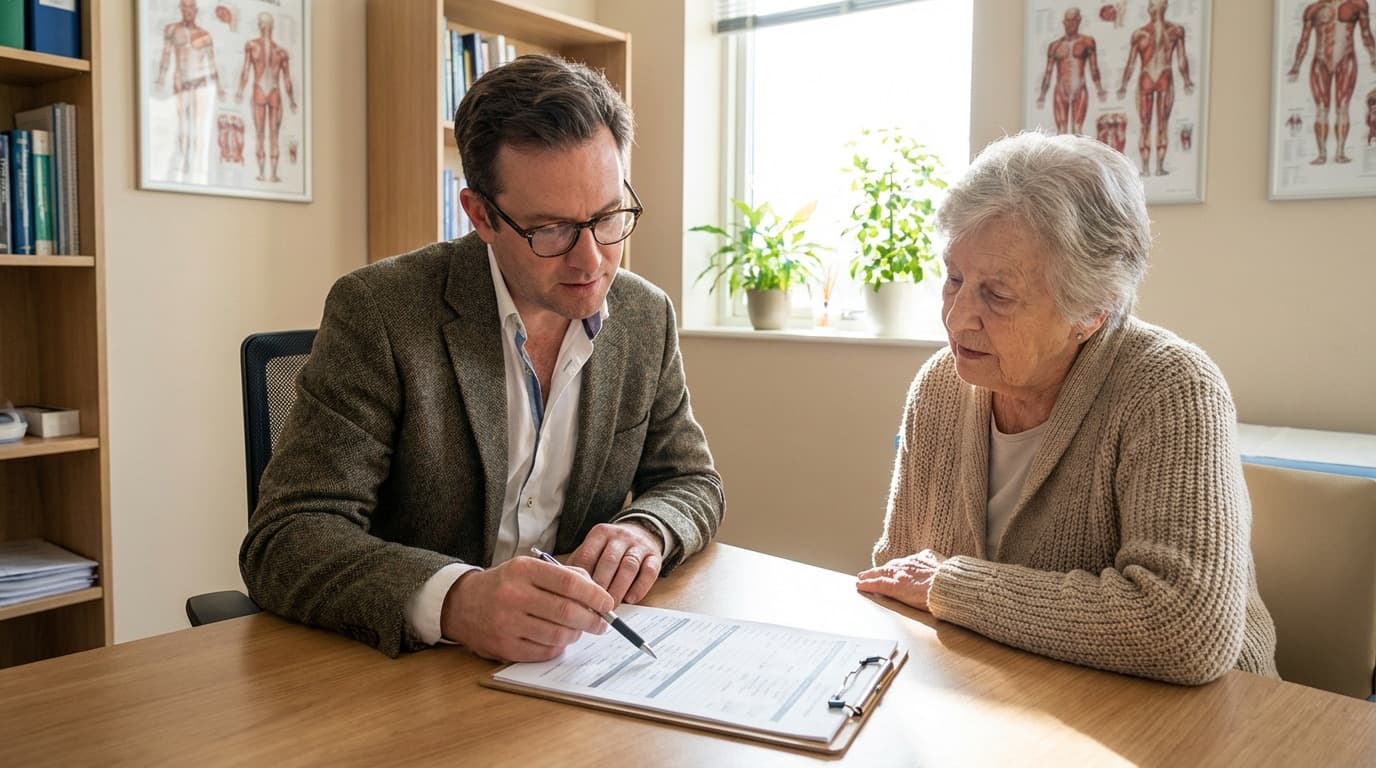 MD-Gutachter erklärt den Bewertungsbogen bei der Pflegegrad-Begutachtung einer Seniorin
