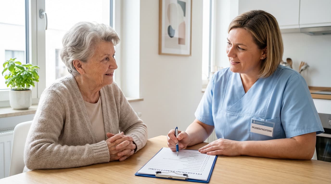 Pflegegrad berechnen — Gutachterin des Medizinischen Dienstes prüft den Pflegebedarf bei älterer Frau zu Hause