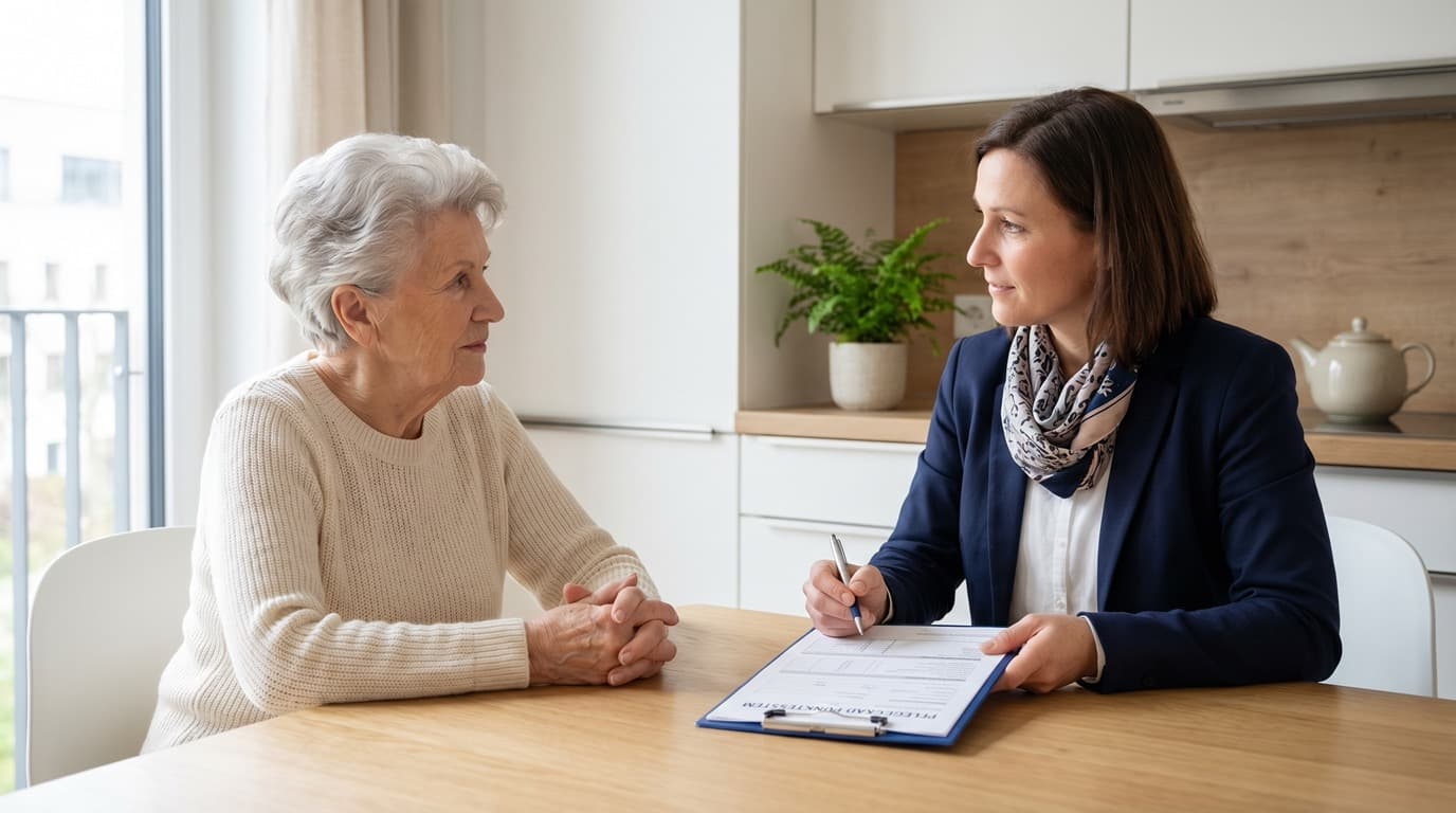 Pflegegrad Punkte-Tabelle — Gutachterin des Medizinischen Dienstes bewertet den Pflegebedarf einer älteren Frau
