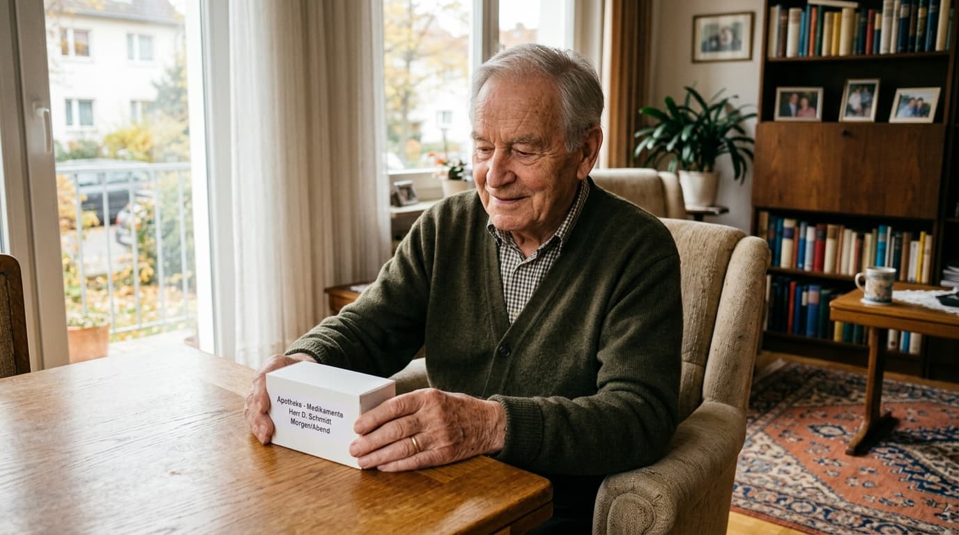 Pflegehilfsmittel 42 Euro 2026 — Pflegebox mit Handschuhen, Desinfektionsmittel und Bettschutzeinlagen auf dem Tisch