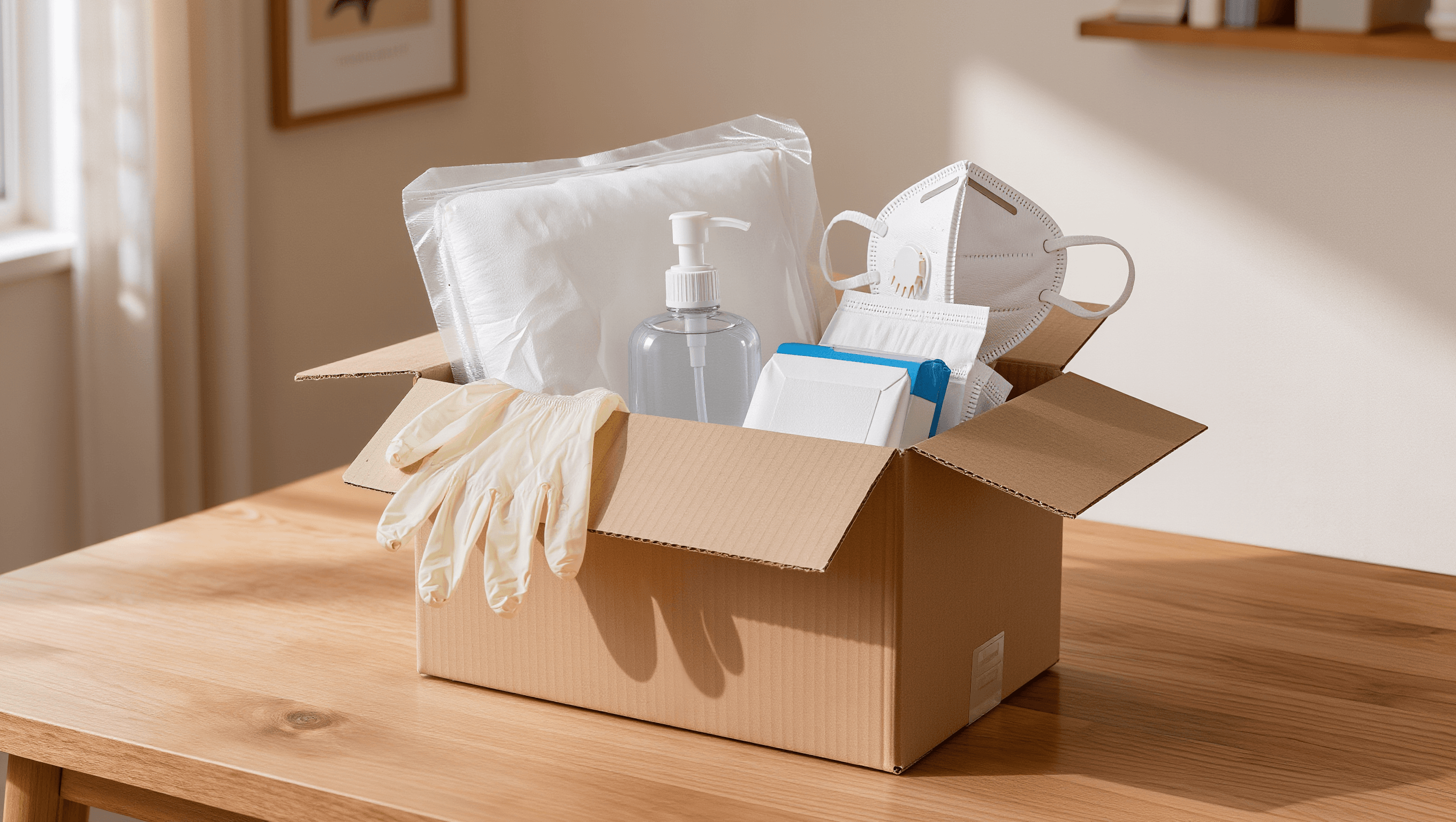 Geöffnete Pflegehilfsmittel-Box mit Handschuhen, Desinfektion und Bettschutz