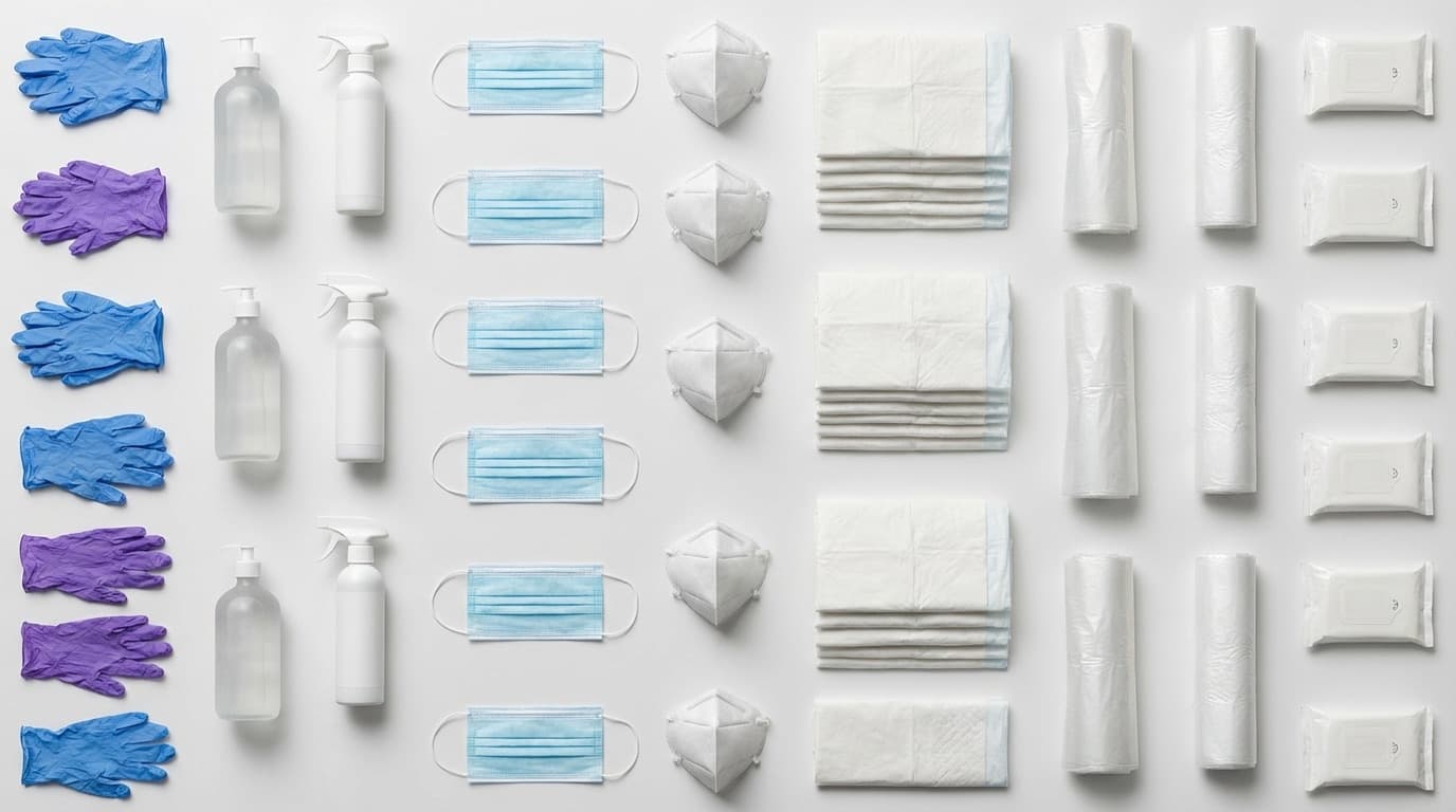 Pflegehilfsmittel zum Verbrauch: Einmalhandschuhe, Desinfektionsmittel, Masken und Bettschutzeinlagen auf weißer Fläche