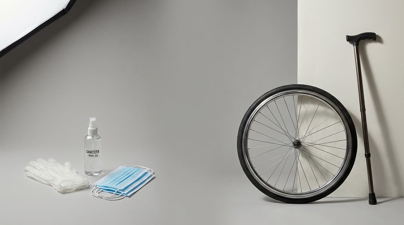 Vergleich: Links Verbrauchsprodukte wie Handschuhe und Masken, rechts technische Pflegehilfsmittel wie Rollstuhl und Gehstock