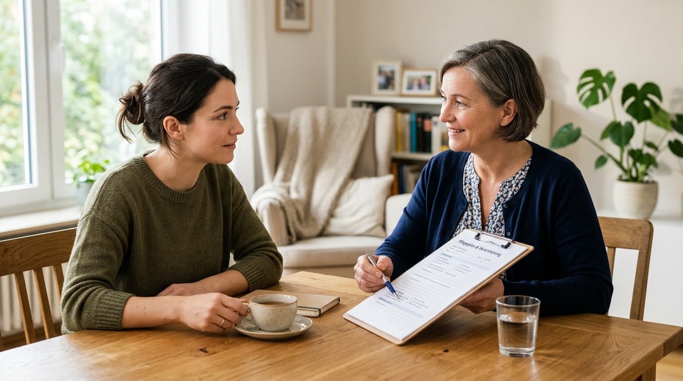 Pflegekraft bespricht Pflegeplan mit Angehöriger — Pflegesachleistungen beantragen