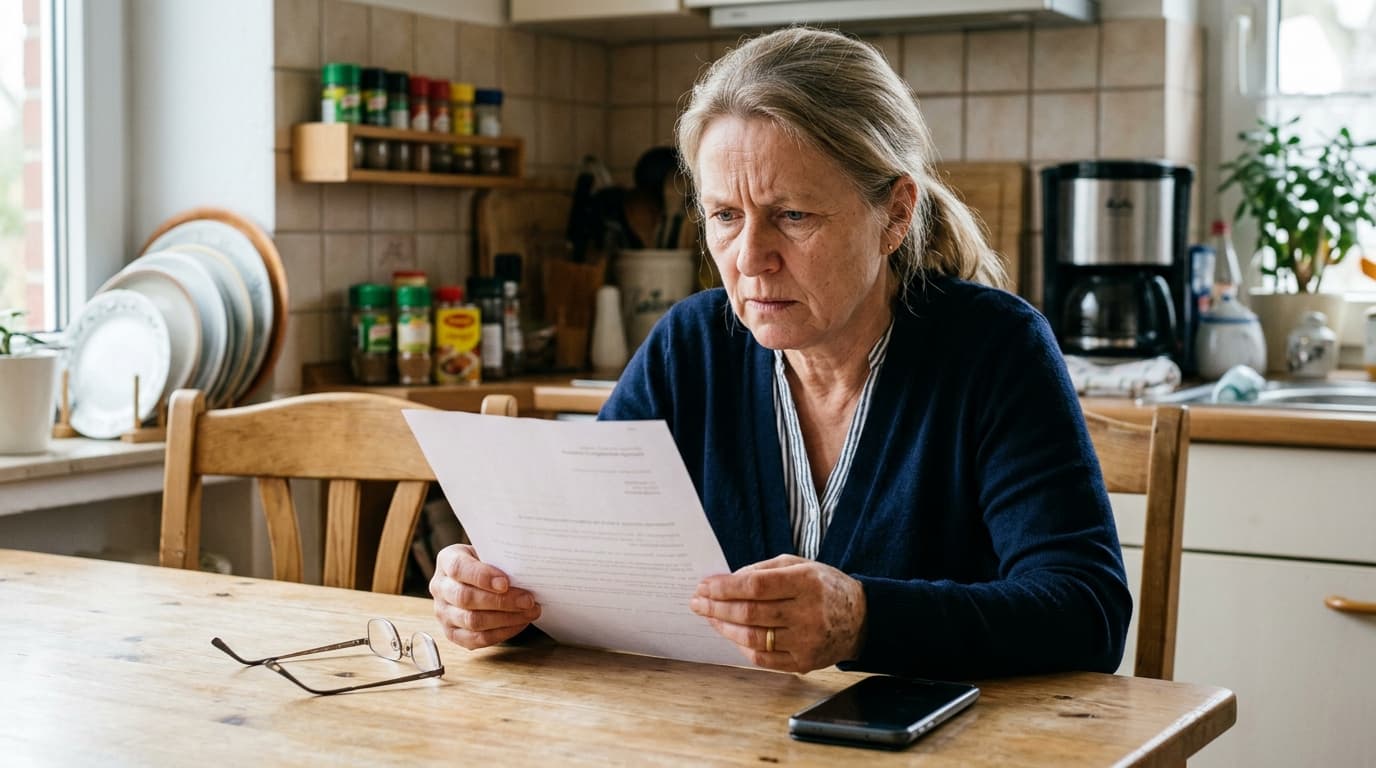 Pflegewelt Betrugsmasche — ältere Person prüft skeptisch ein unbestelltes Paket mit Pflegehilfsmitteln auf dem Küchentisch