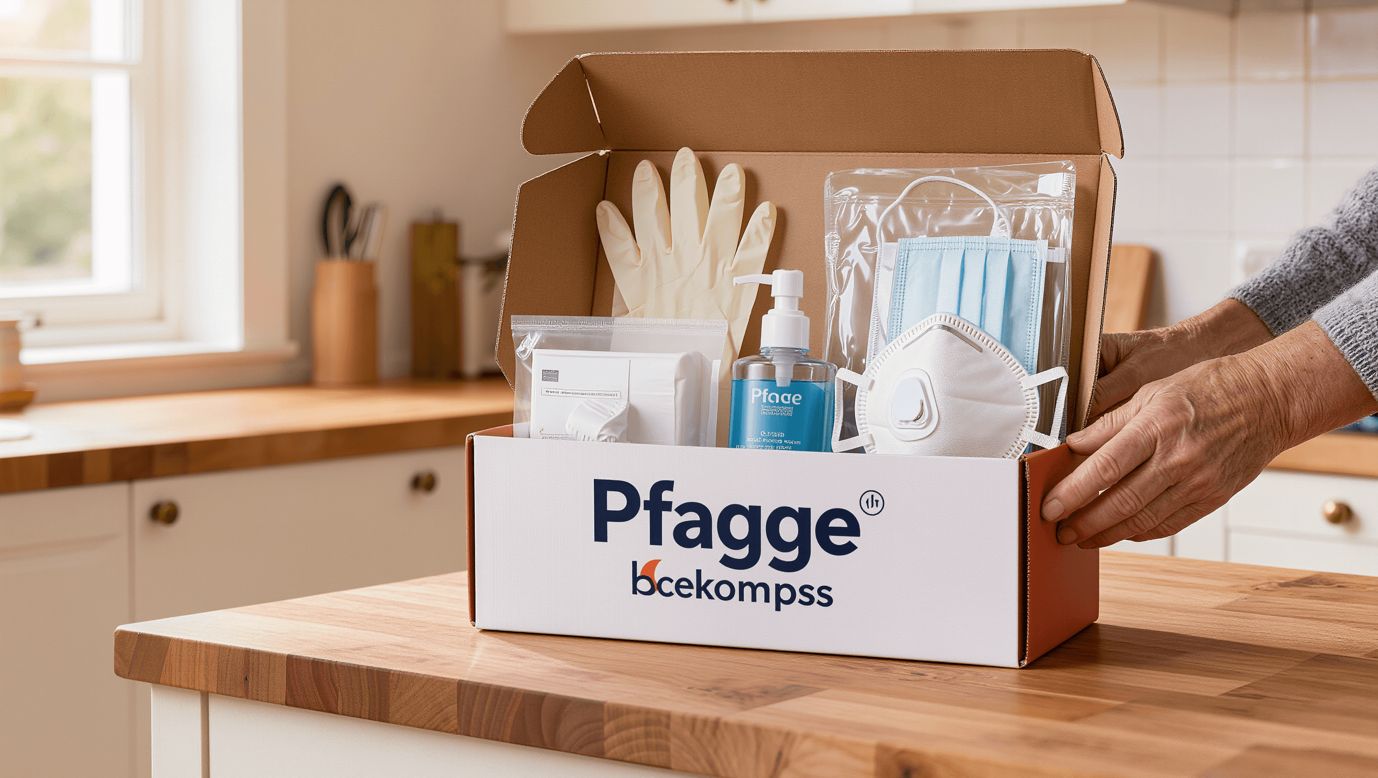 Geöffnete Pflegebox mit Produktgruppe-54-Inhalt auf Küchentisch — Handschuhe, Desinfektion, Bettschutzeinlagen