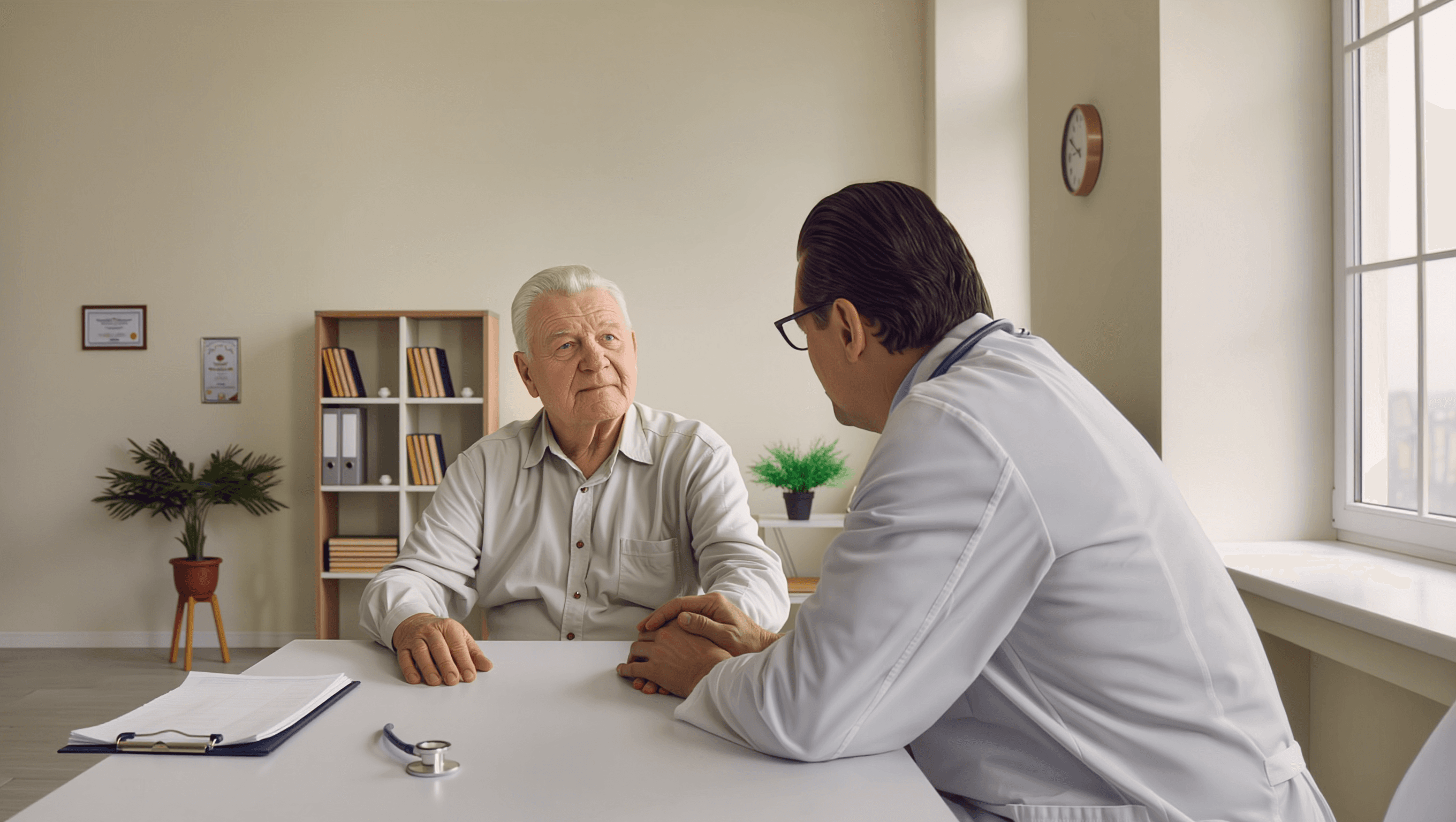 Älterer Mensch im empathischen Gespräch mit einer Hausärztin in heller Praxis — diagnostische Sorgfalt bei Verdacht auf Pseudodemenz