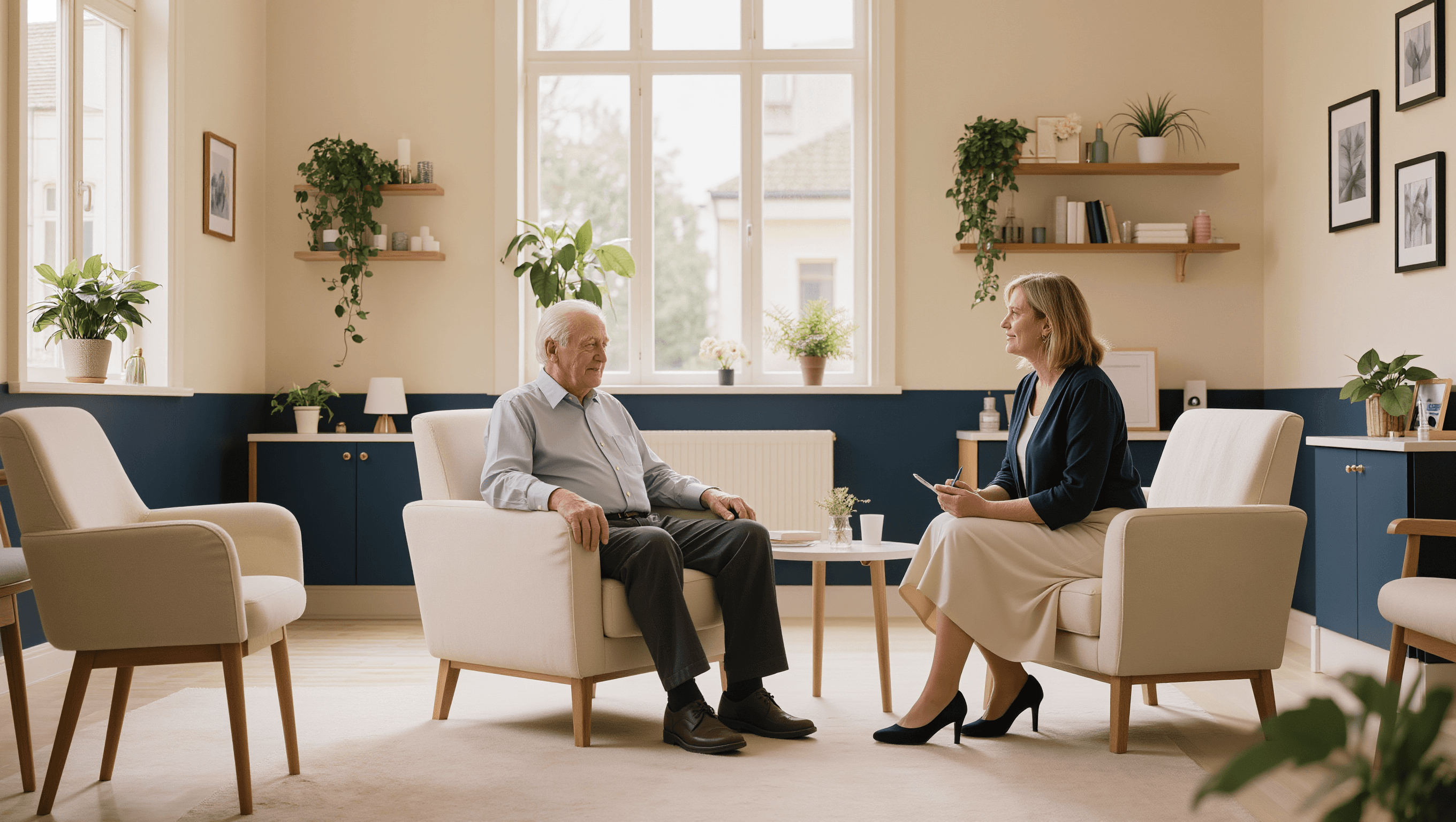 Ältere Patientin im Gespräch mit Psychotherapeutin in heller, moderner Praxis — Psychotherapie ab 70 ist wirksam