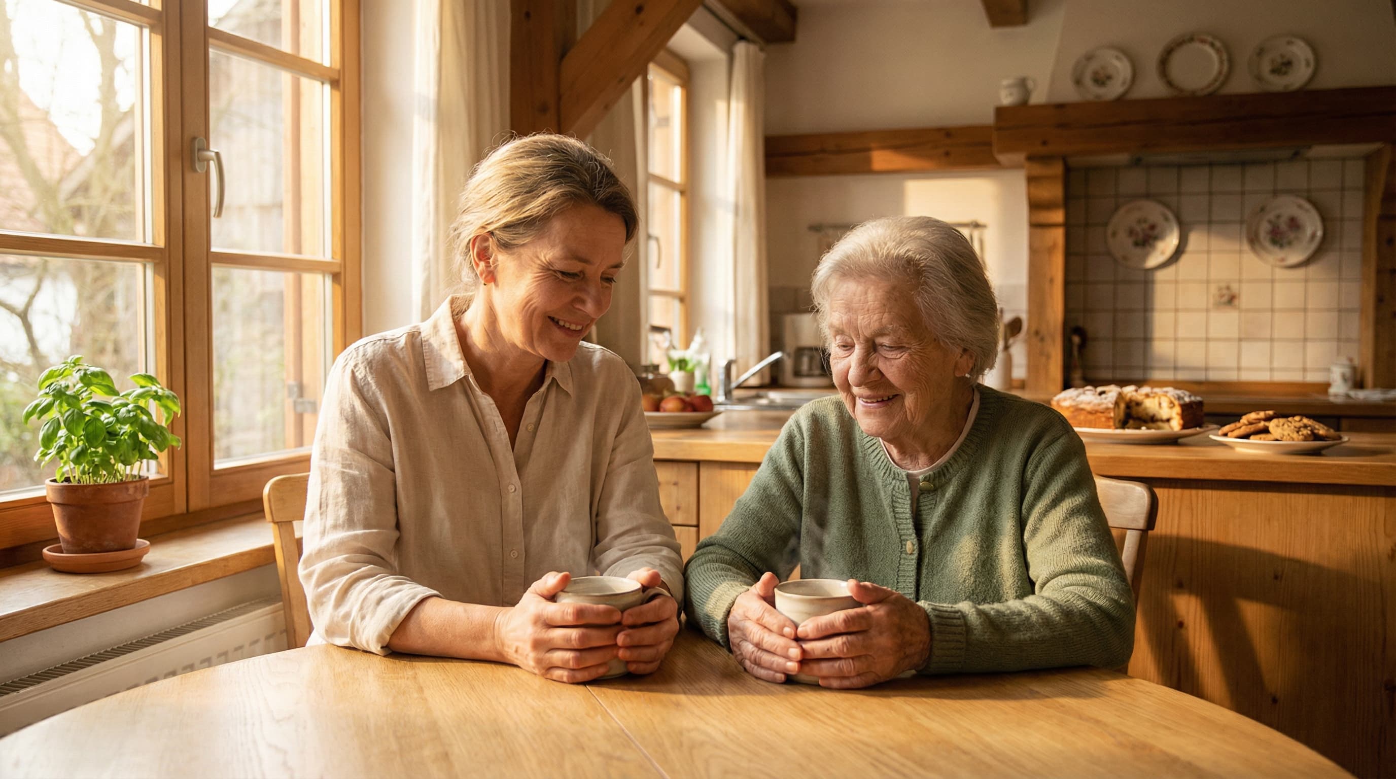 Rentenpunkte pro Pflegegrad 2026 — pflegende Angehörige sortiert Renten- und Pflegekassen-Unterlagen am Küchentisch