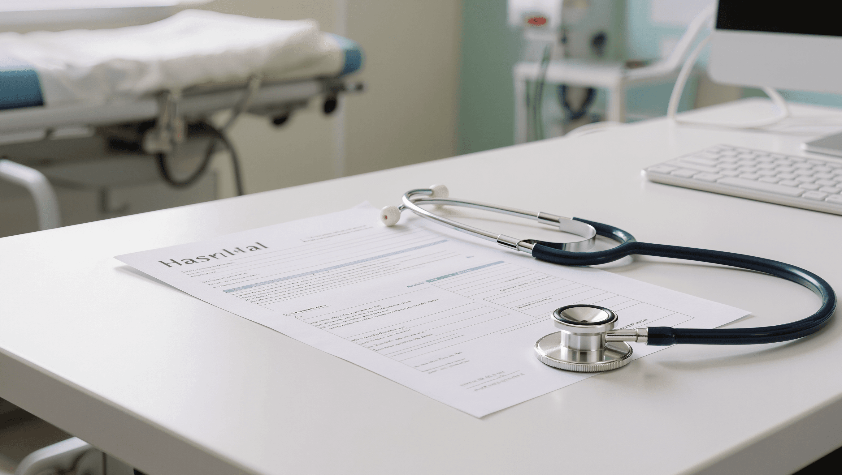 Krankenhausentlassungspapiere mit Rezepten und Stethoskop auf Schreibtisch — Pflegegrad nach Schlaganfall Unterlagen