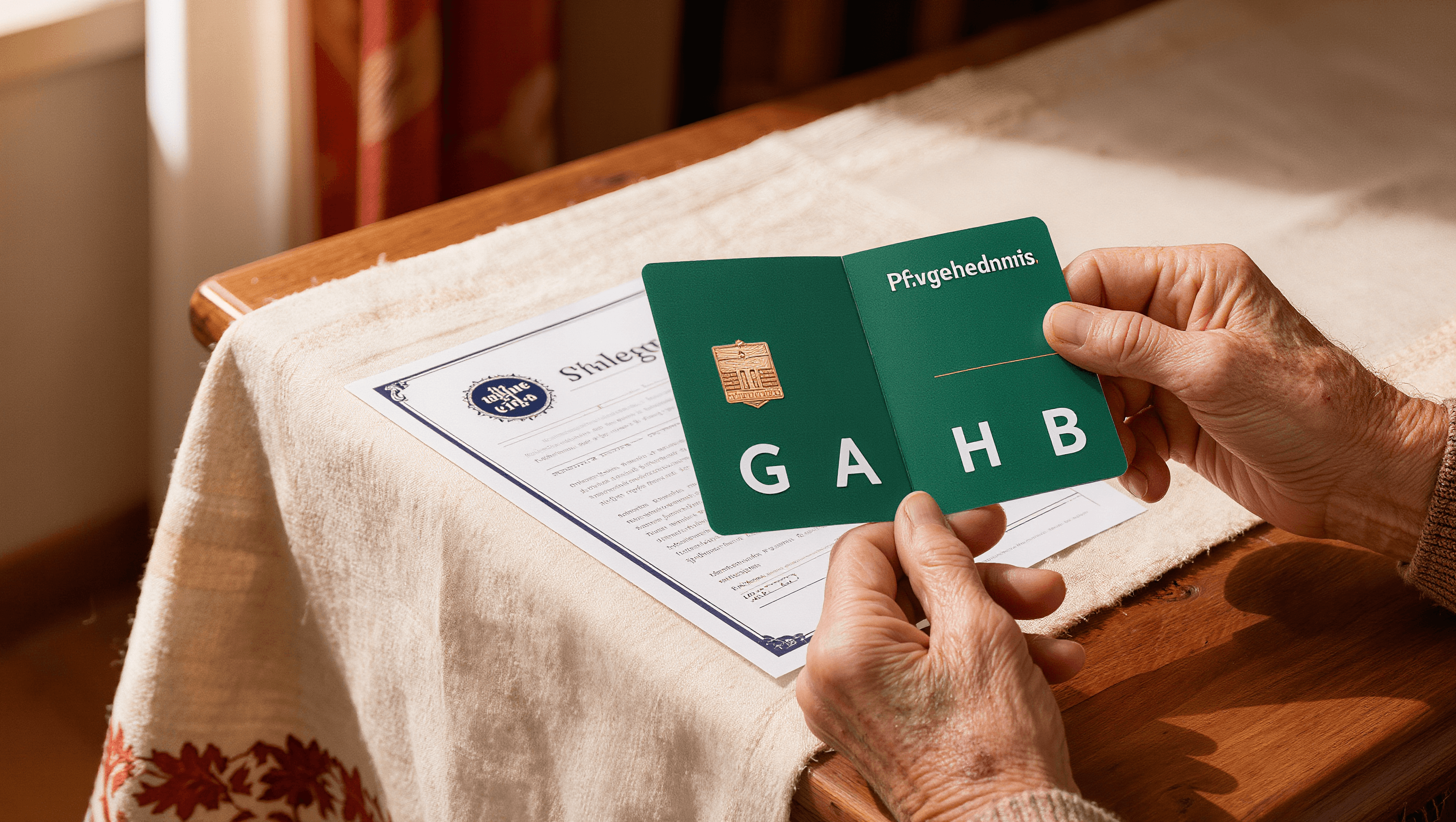 Hände halten grünen Schwerbehindertenausweis mit sichtbaren Merkzeichen G, aG, H, B auf Holztisch