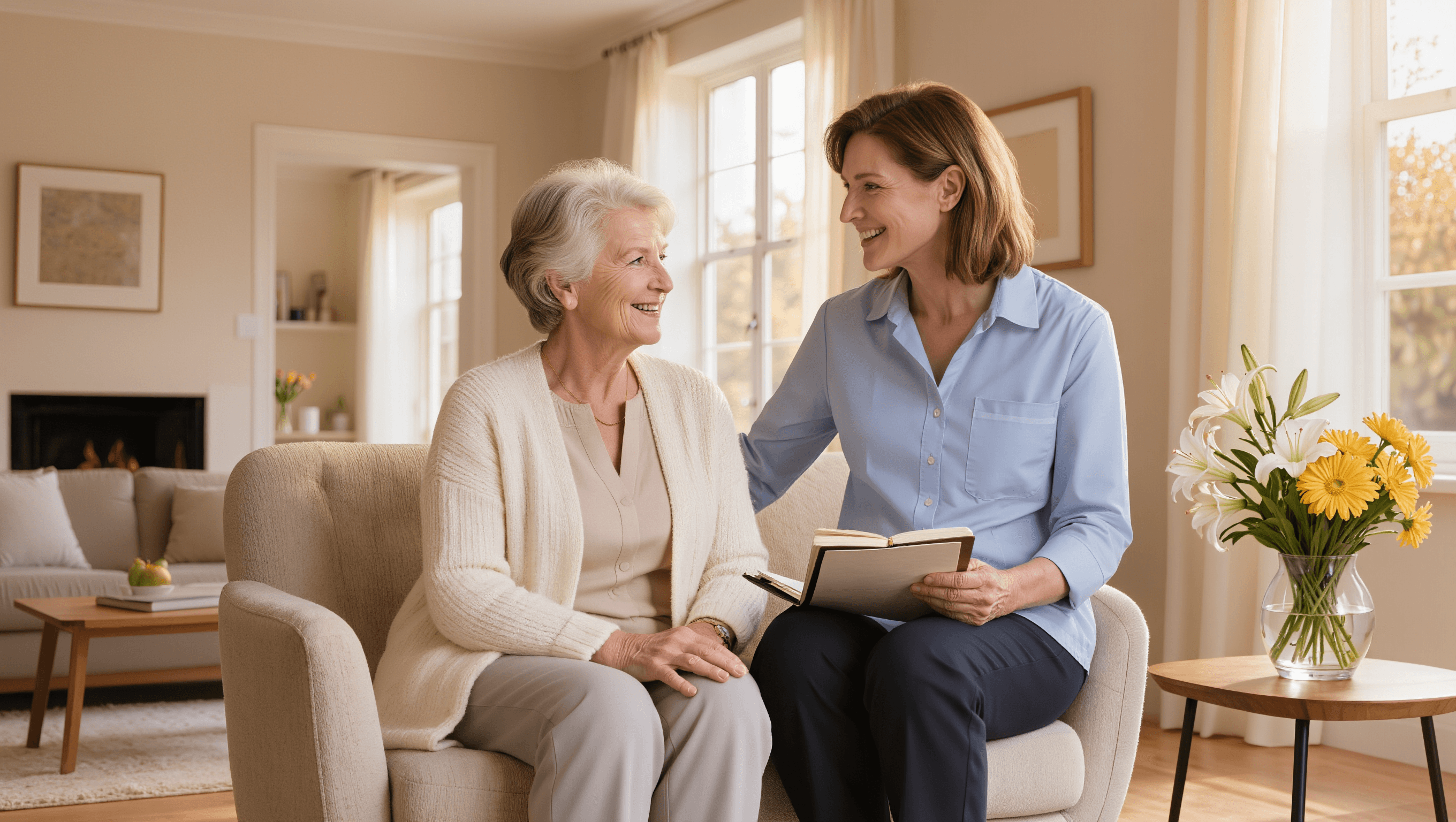 Pflegekraft im würdigen Gespräch mit älterer Dame im Wohnzimmer