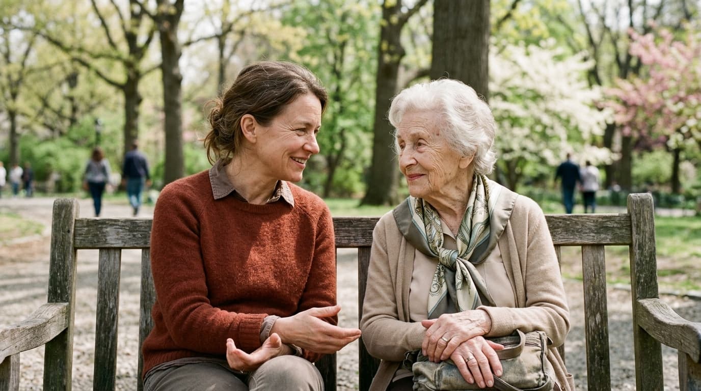 Stundenweise Verhinderungspflege 2026 — Uhr zeigt 8-Stunden-Grenze, pflegender Angehöriger mit Seniorin am Küchentisch