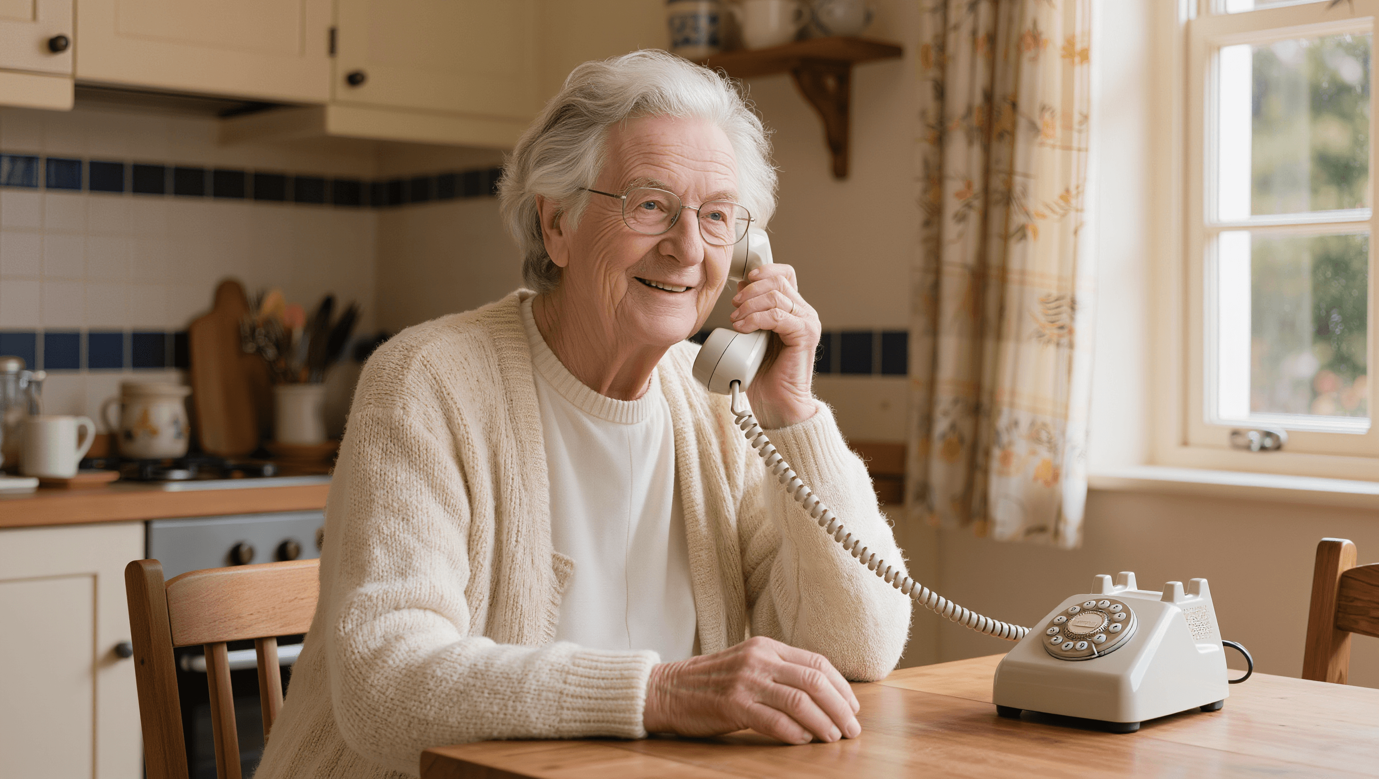 Älterer Mensch greift in friedlicher Kücheatmosphäre zum Telefonhörer — Symbolbild für Hilfe suchen bei Altersdepression