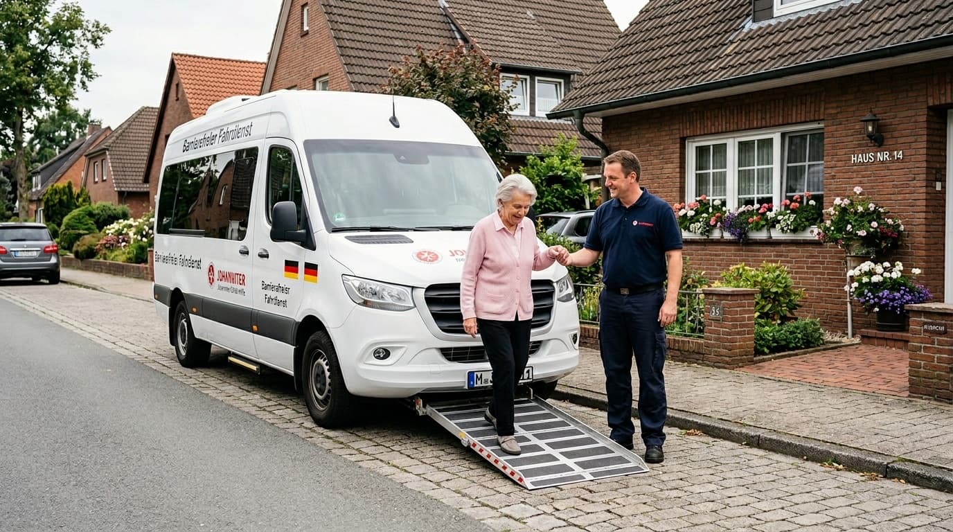 Fahrdienst-Minibus holt Seniorin an der Haustür ab — Tagespflege Fahrdienst inklusive