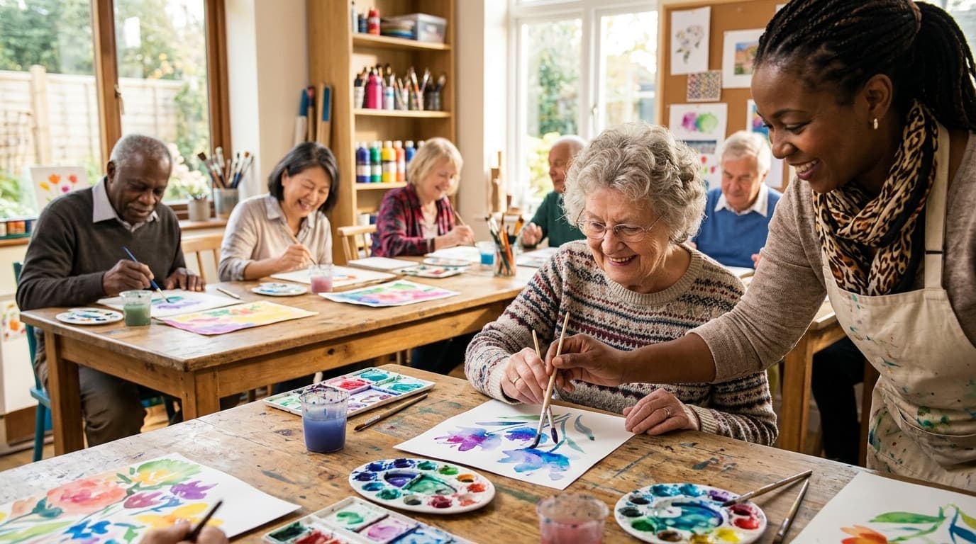 Senioren malen Aquarelle in Tagespflege-Einrichtung — Tagespflege Kosten und Aktivitäten