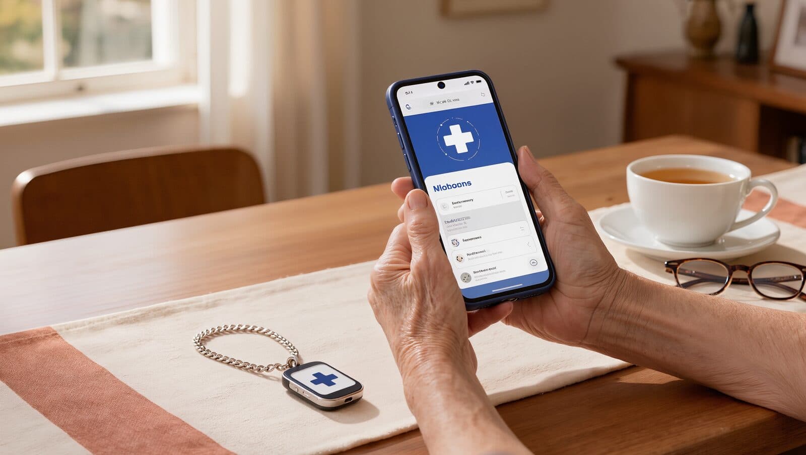 TK Hausnotruf 2026 — ältere Hand mit Smartphone-App und Notrufknopf