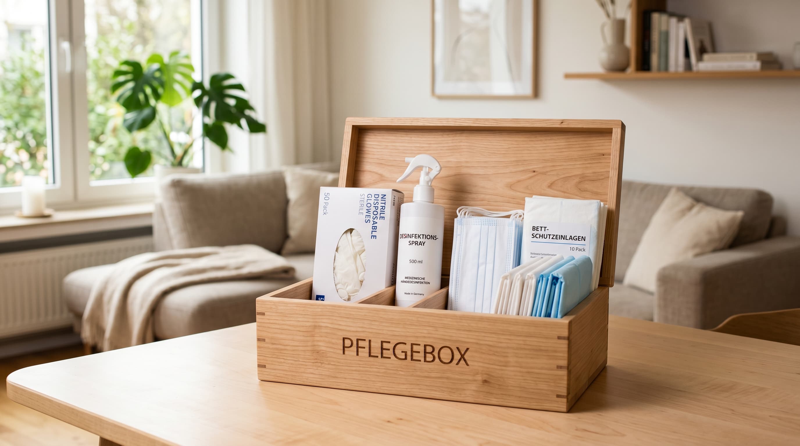 Pflegehilfsmittel-Box mit Hygieneprodukten (Handschuhe, Desinfektion, Bettschutz, Mundschutz) auf hellem Tisch im deutschen Wohnzimmer