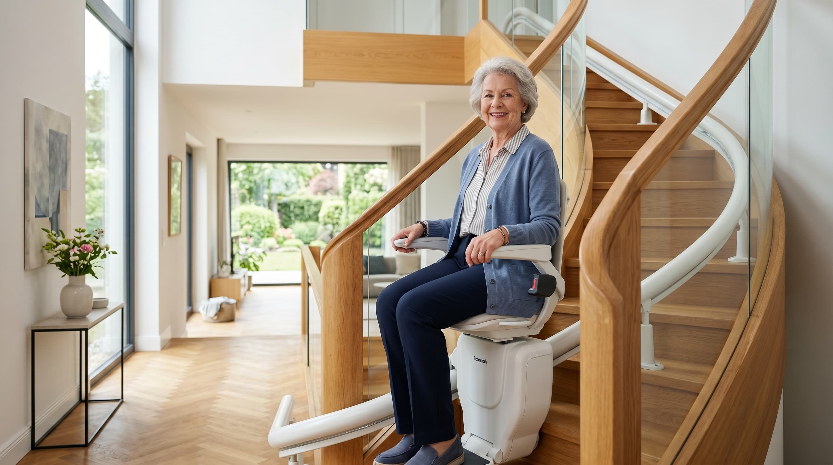 Treppenlift 2026 — Senior auf modernem Sitz-Treppenlift in hellem deutschen Wohnhaus