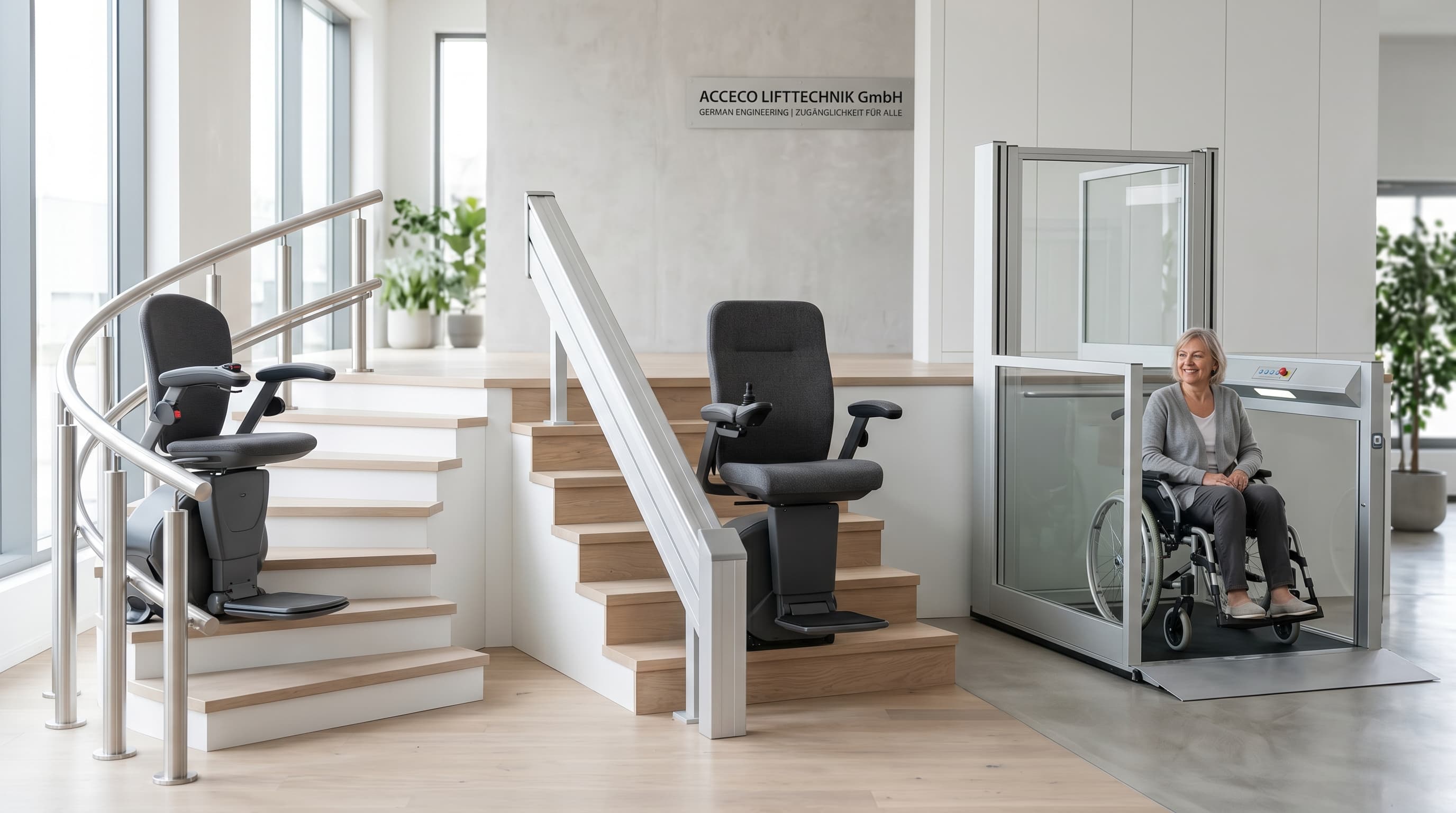 Drei verschiedene Treppenlift-Modelle im modernen deutschen Showroom — Sitzlift gerade, Sitzlift kurvig, Plattformlift