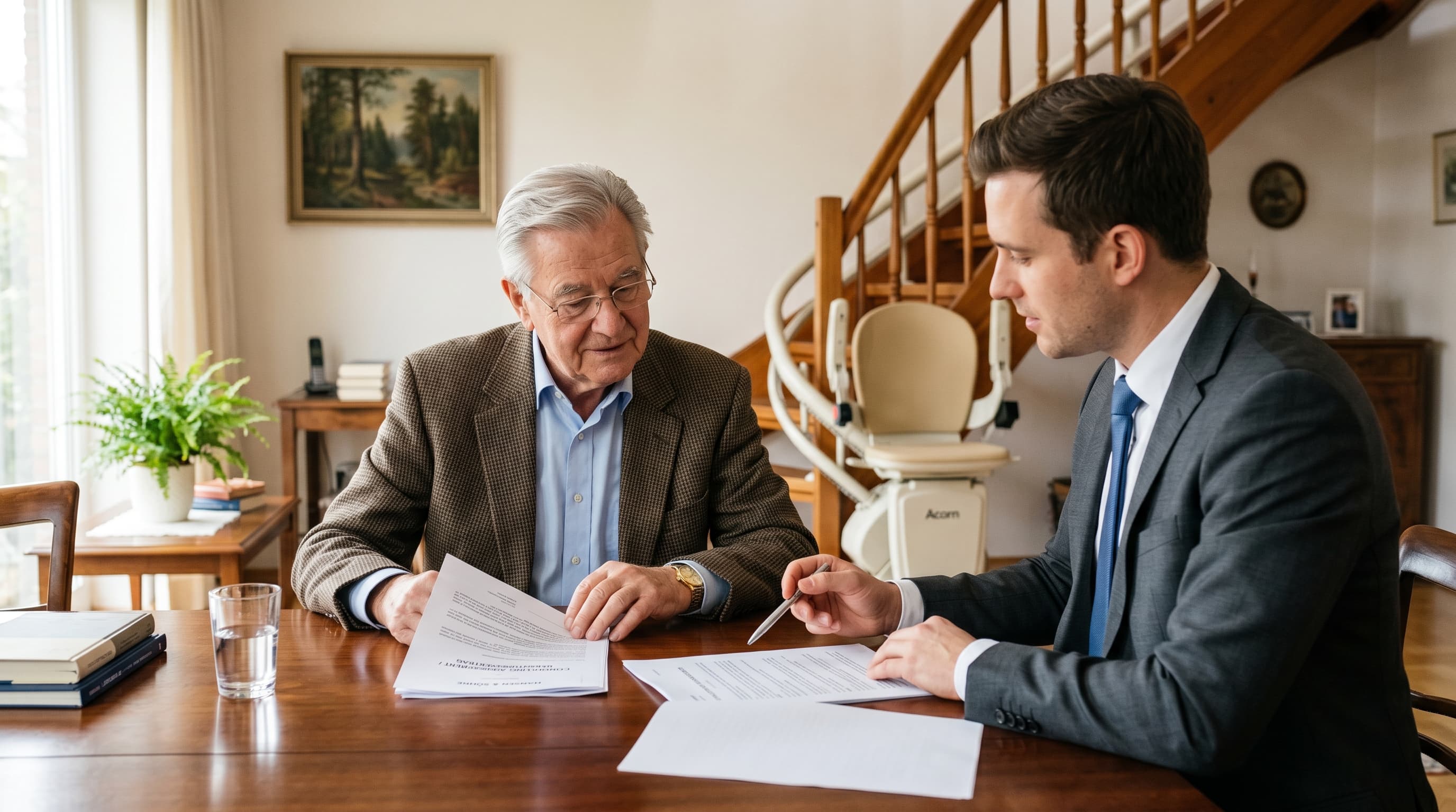 Senior prüft Treppenlift-Vertrag mit Berater im deutschen Wohnzimmer — Mieten oder Kaufen 2026